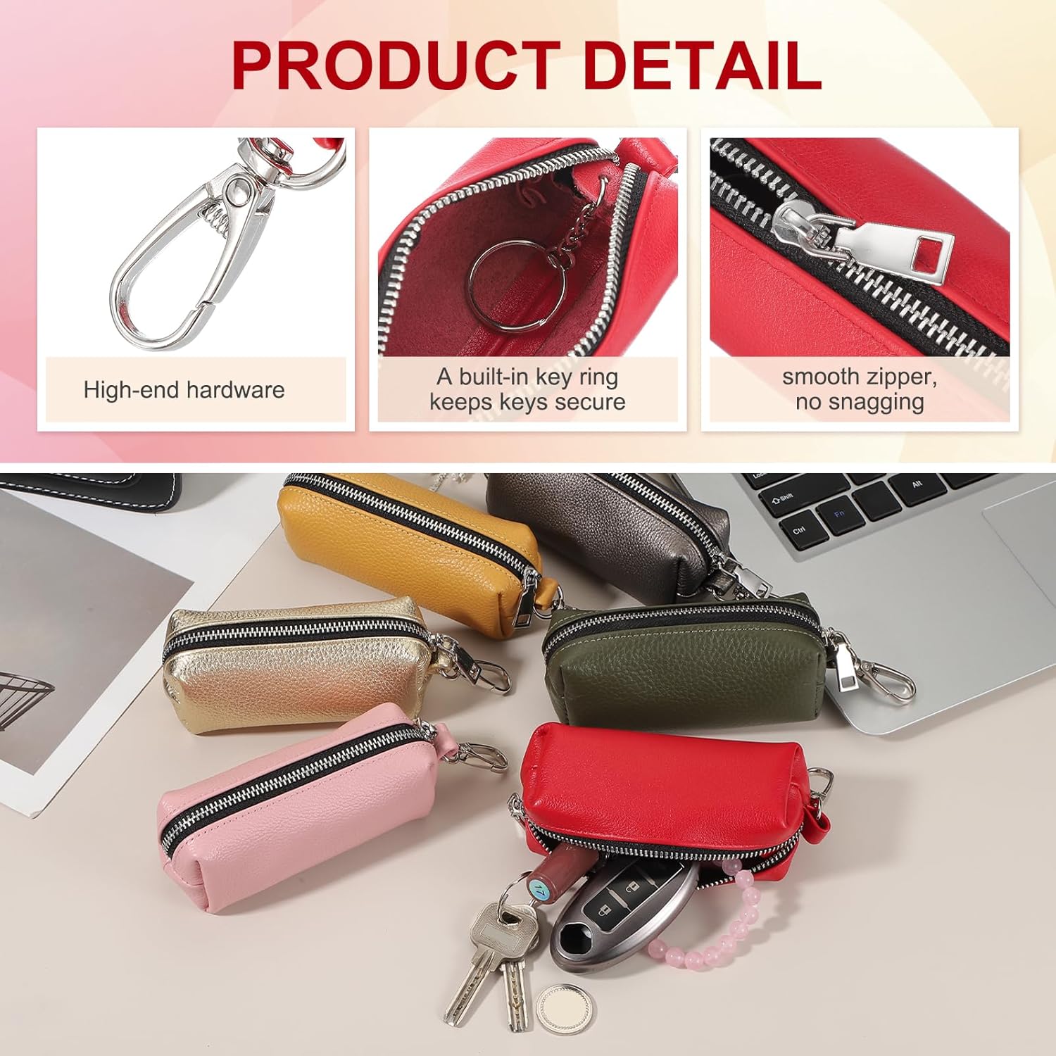 Leather Coin Purse, Leather Car Key Holder Bag Hand-held Change Purse Keychain Pouch Small Coin Pouch with Key Ring for Women and Men, Black - Image 3