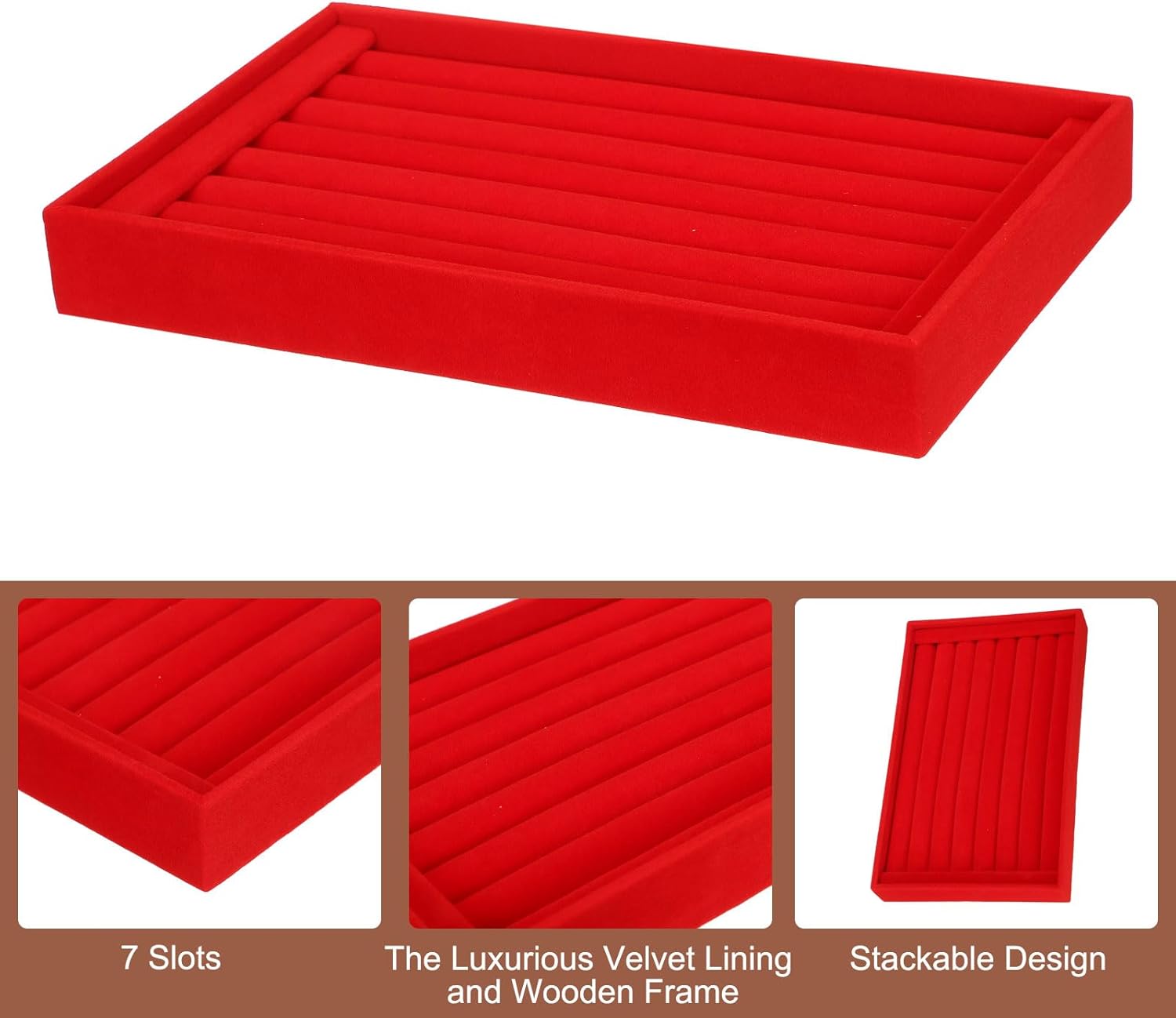 Velvet 7 Slots Ring Organizer Jewelry Display Tray Showcase Ring Holder Velvet Jewelry Organizer Stand for Rings Earrings Red - Image 3