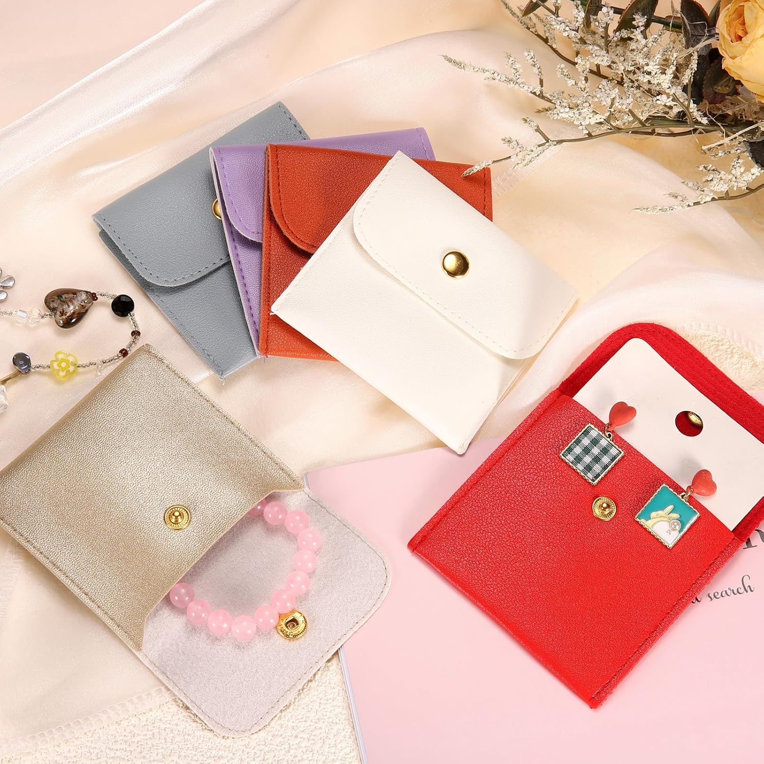 6 Pcs Mini Jewelry Pouch, 8 Inch PU Leather Small Jewelry Bags Soft Jewelry Package Gift Storage Bag Travel Jewelry Bag for Women Rings Necklace Bracelet, Gold - Image 5