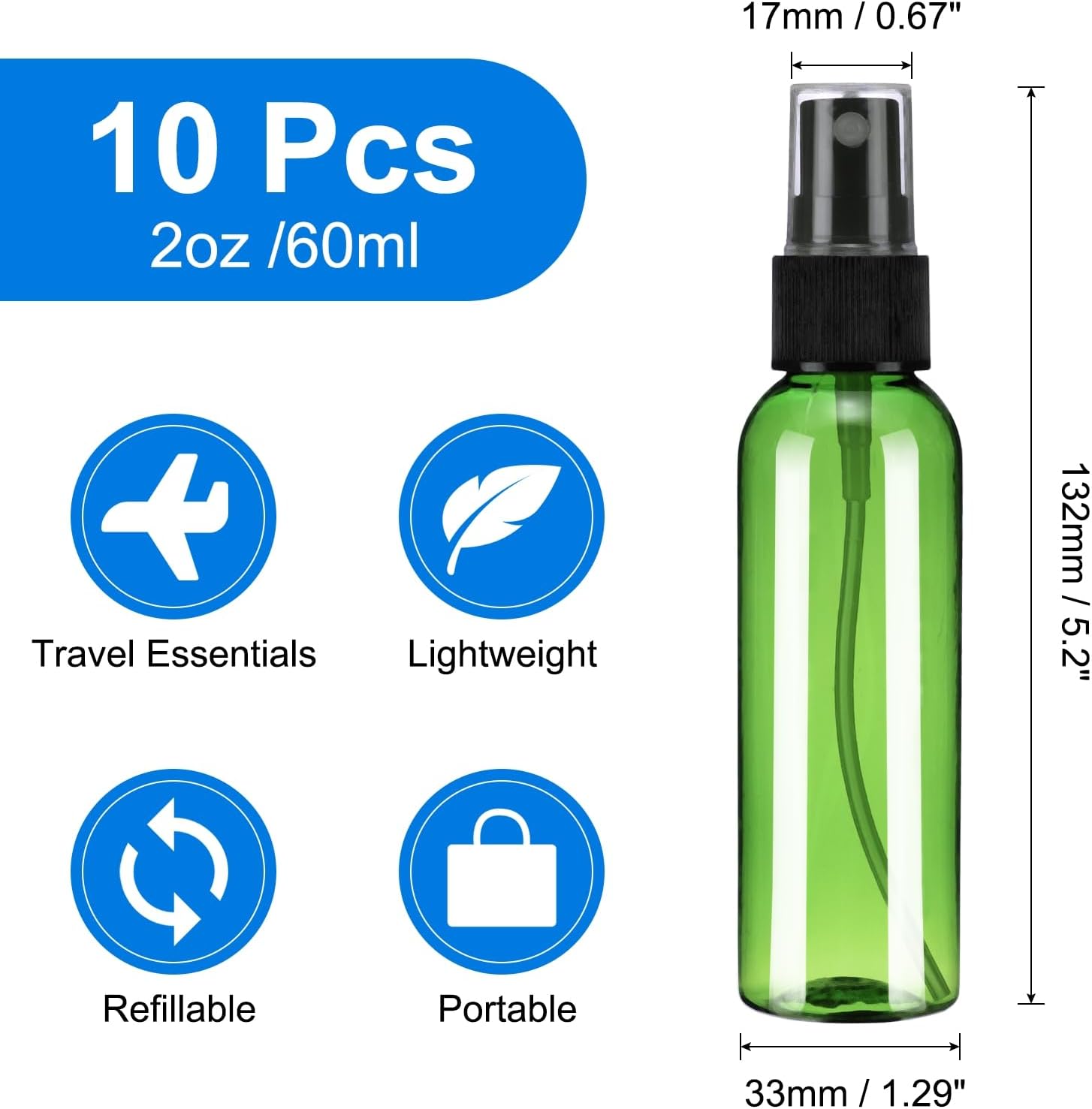 10Pack Spray Bottles, 2 Oz/60ML Reusable Clear Empty Mist Plastic Mini Travel Bottle Set,Small Refillable Liquid Containers for Household Use, Essential Oil, Cleaning (Green Black) - Image 2