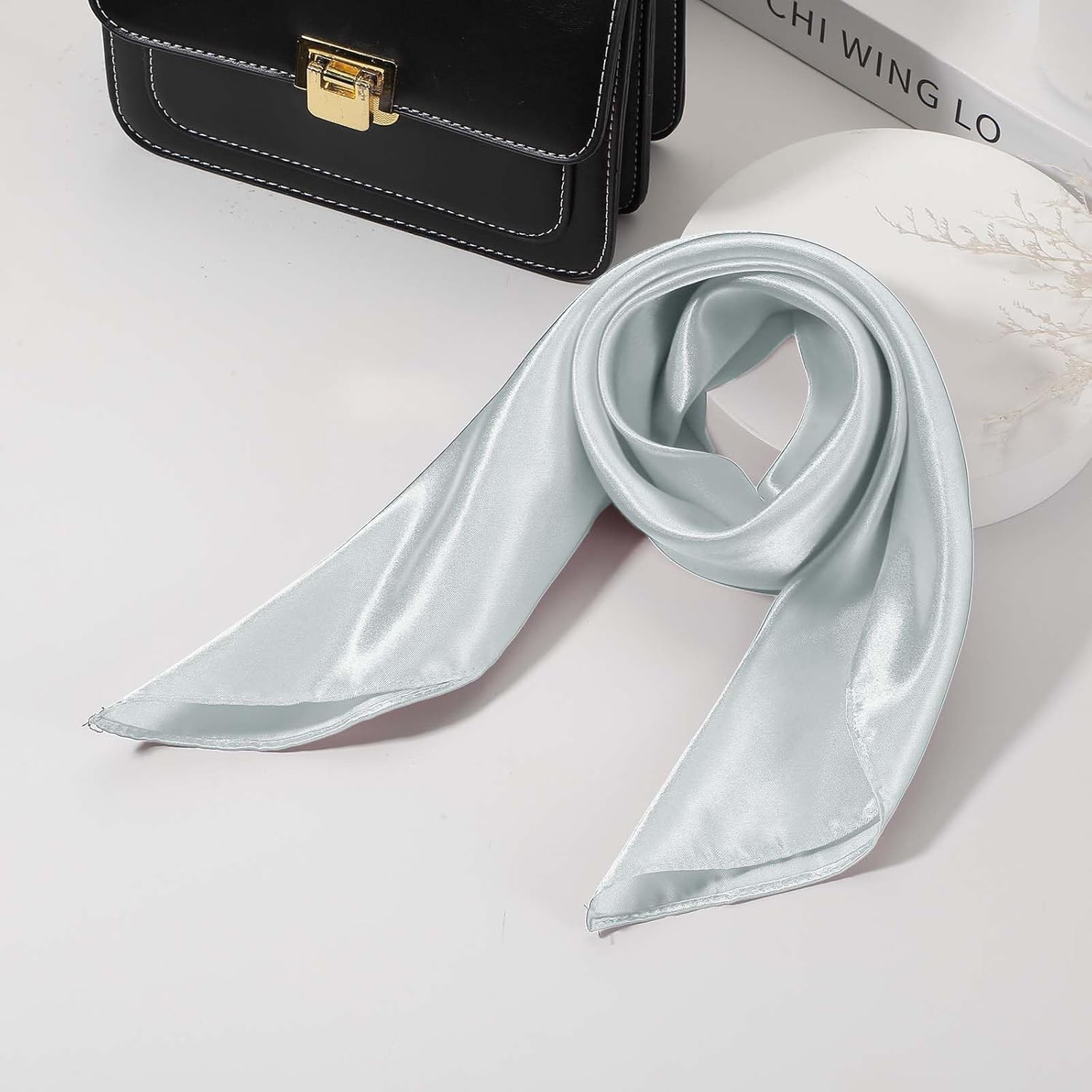 Satin Neck Square Scarf for Women Solid Color Silk Purse Scarf Lightweight Fashion Scarves Headband for Hair Handbag - Image 3