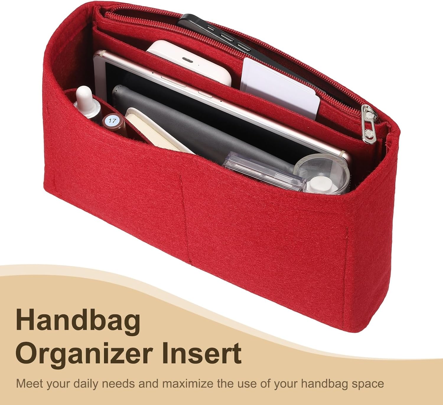 Purse Organizer Insert, Felt Portable Handbag Shaper Multiple Compartments Liner Pouch for Handbag Purse Tote Bag, 5.3