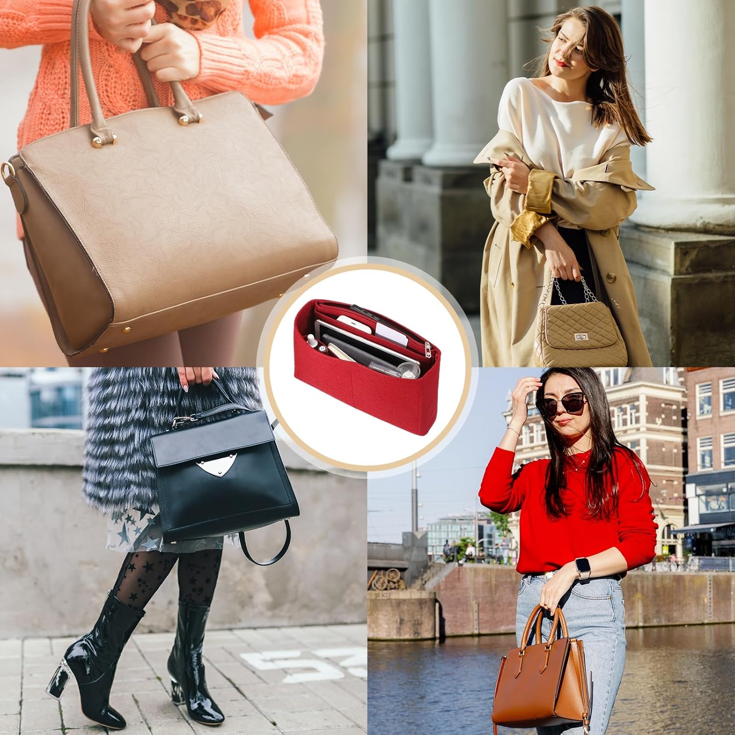 Purse Organizer Insert, Felt Portable Handbag Shaper Multiple Compartments Liner Pouch for Handbag Purse Tote Bag, 5.3