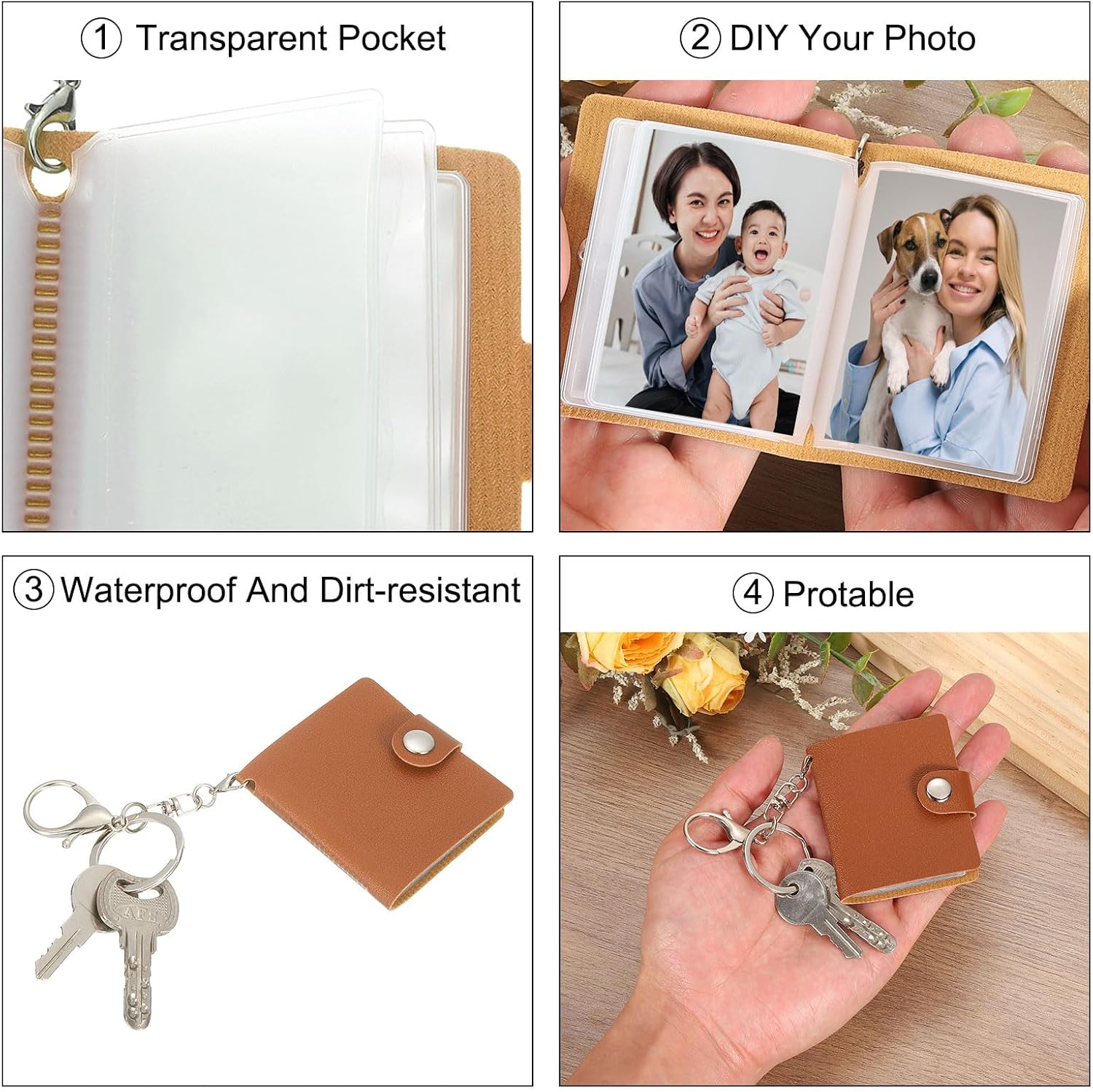 2 Pcs Mini Photo Keychain Custom Keychain Personalized Leather Photo Album Keychains with 20 Pictures DIY Small Memory Key Ring Picture Book for Family, Black - Image 4