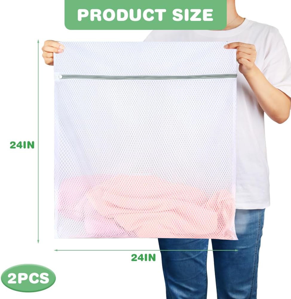 Durable Honeycomb Mesh Laundry Bags, 2 XX-Large 24in x 24in Washing Delicate Bags with Colorful Zipper for Huge Clothes, Curtain, Coverlet, Carpet - Image 2