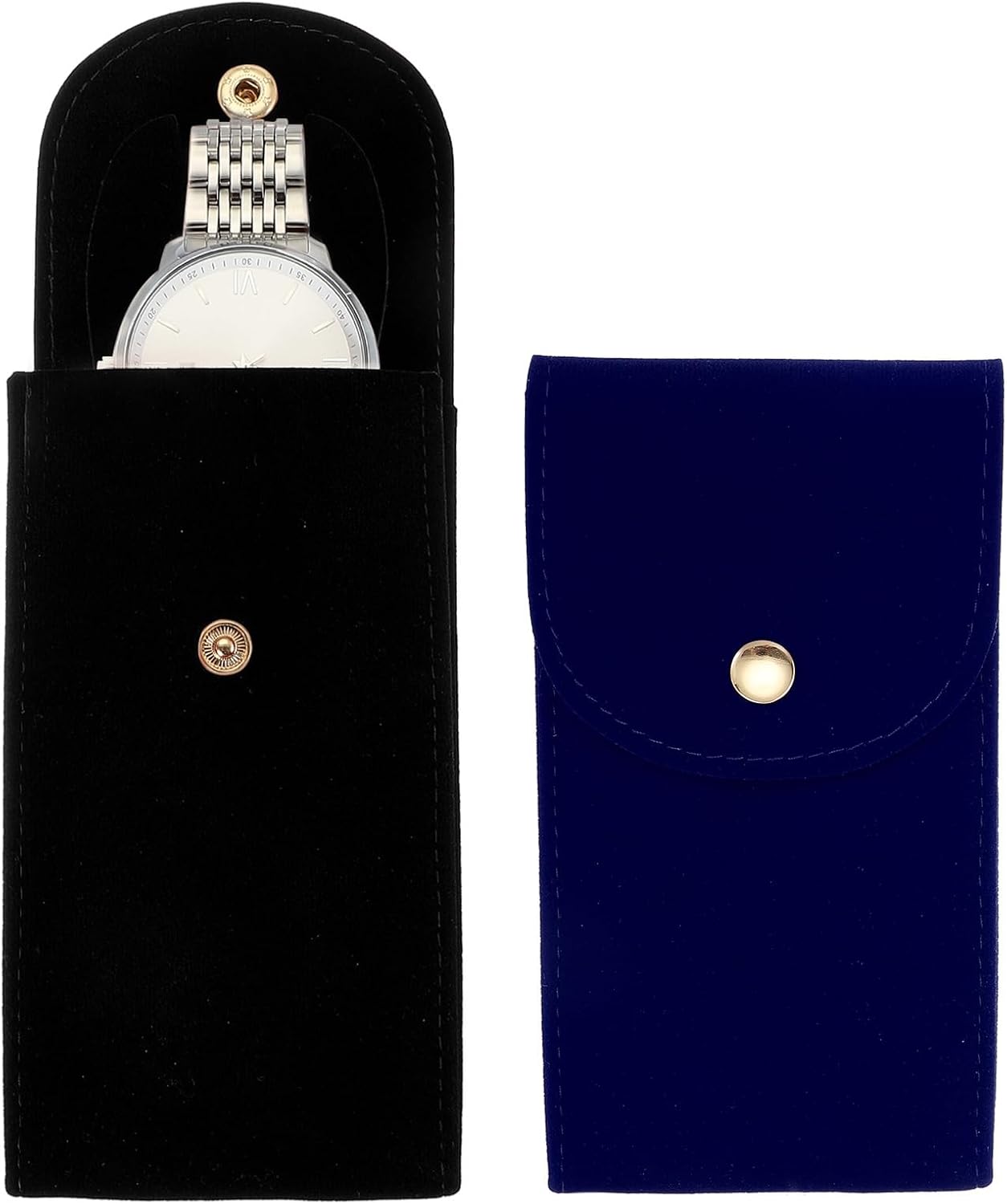 2 Pcs Velvet Watch Pouch, Portable Watch Travel Case Soft Watch Storage Bag with Snap Button Concave Inner Pad for Men and Women Gift, Black/Blue - Image 1