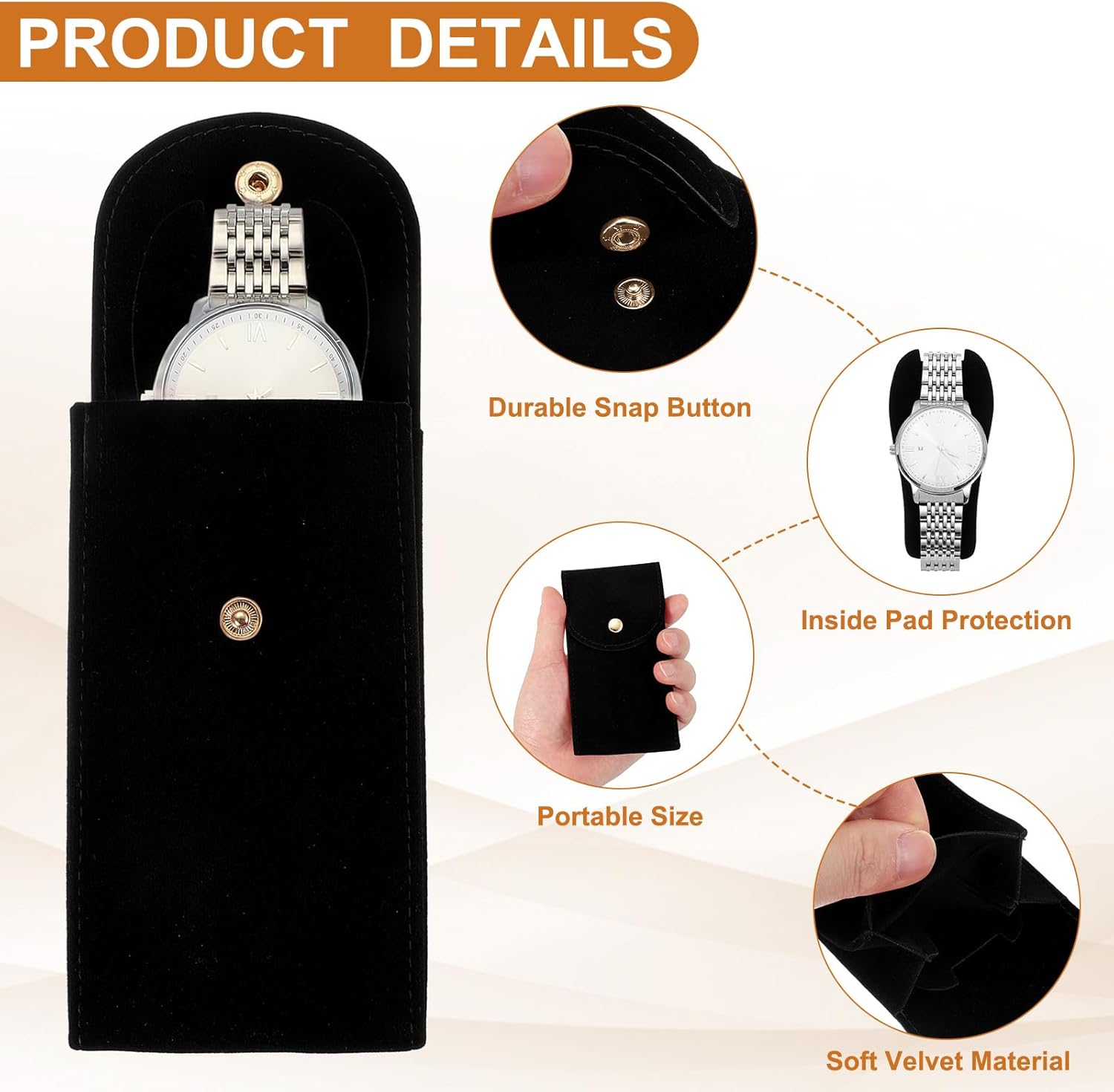 2 Pcs Velvet Watch Pouch, Portable Watch Travel Case Soft Watch Storage Bag with Snap Button Concave Inner Pad for Men and Women Gift, Black/Blue - Image 3