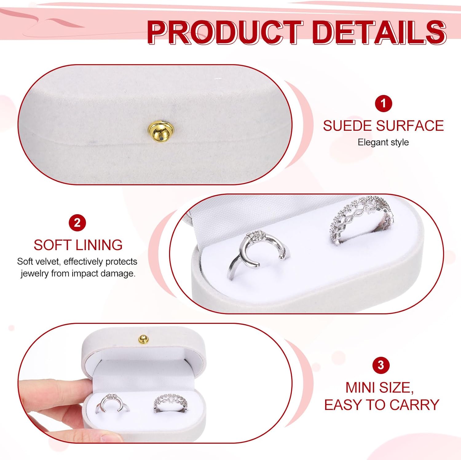 Velvet Ring Box, Small Travel Jewelry Case Mini Ring Holder Jewelry Organizer Storage Case for Women Girls Wedding Proposal Engagement, Grey - Image 3
