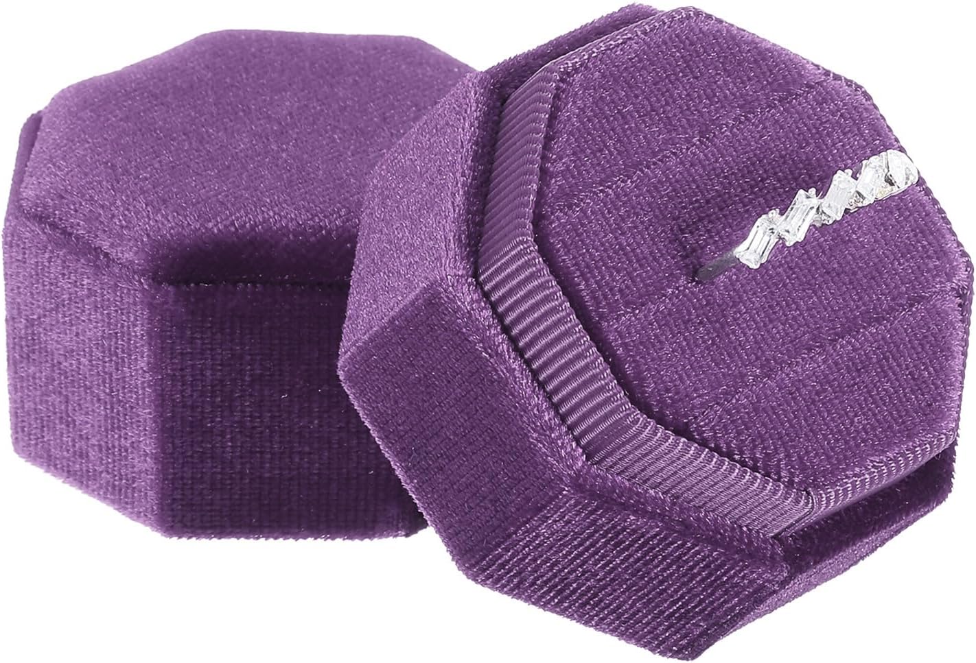Velvet Ring Box, 3 Slot Octagon Wedding Ring Display Holder Box Jewelry Ring Gift Box for Wedding Ceremony Proposal Engagement (Deep Purple) - Image 1