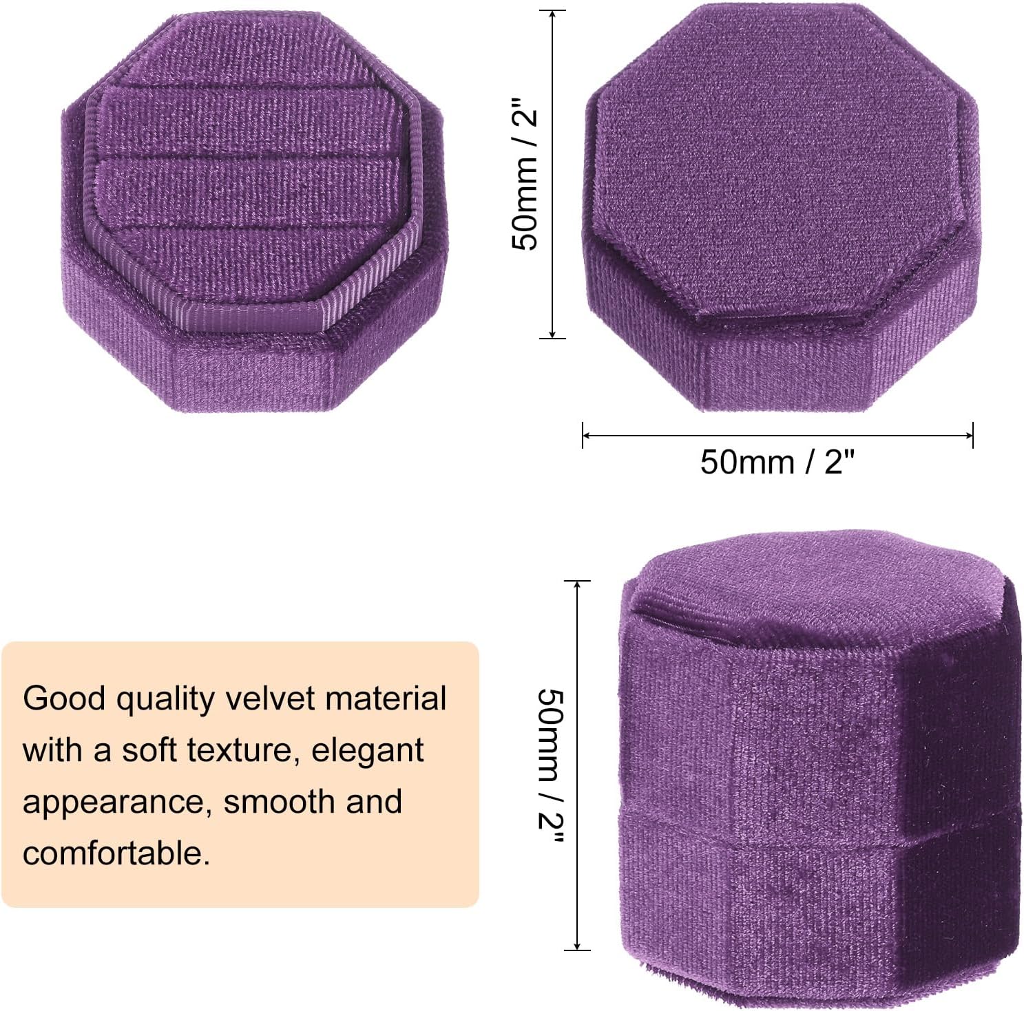 Velvet Ring Box, 3 Slot Octagon Wedding Ring Display Holder Box Jewelry Ring Gift Box for Wedding Ceremony Proposal Engagement (Deep Purple) - Image 2