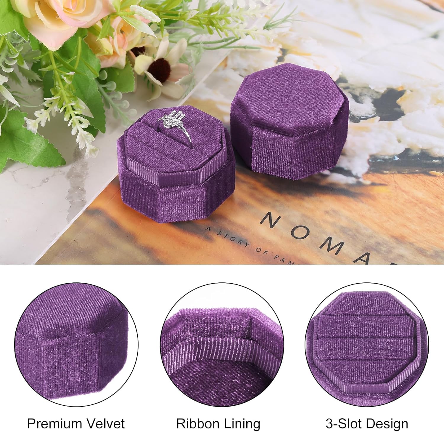 Velvet Ring Box, 3 Slot Octagon Wedding Ring Display Holder Box Jewelry Ring Gift Box for Wedding Ceremony Proposal Engagement (Deep Purple) - Image 3