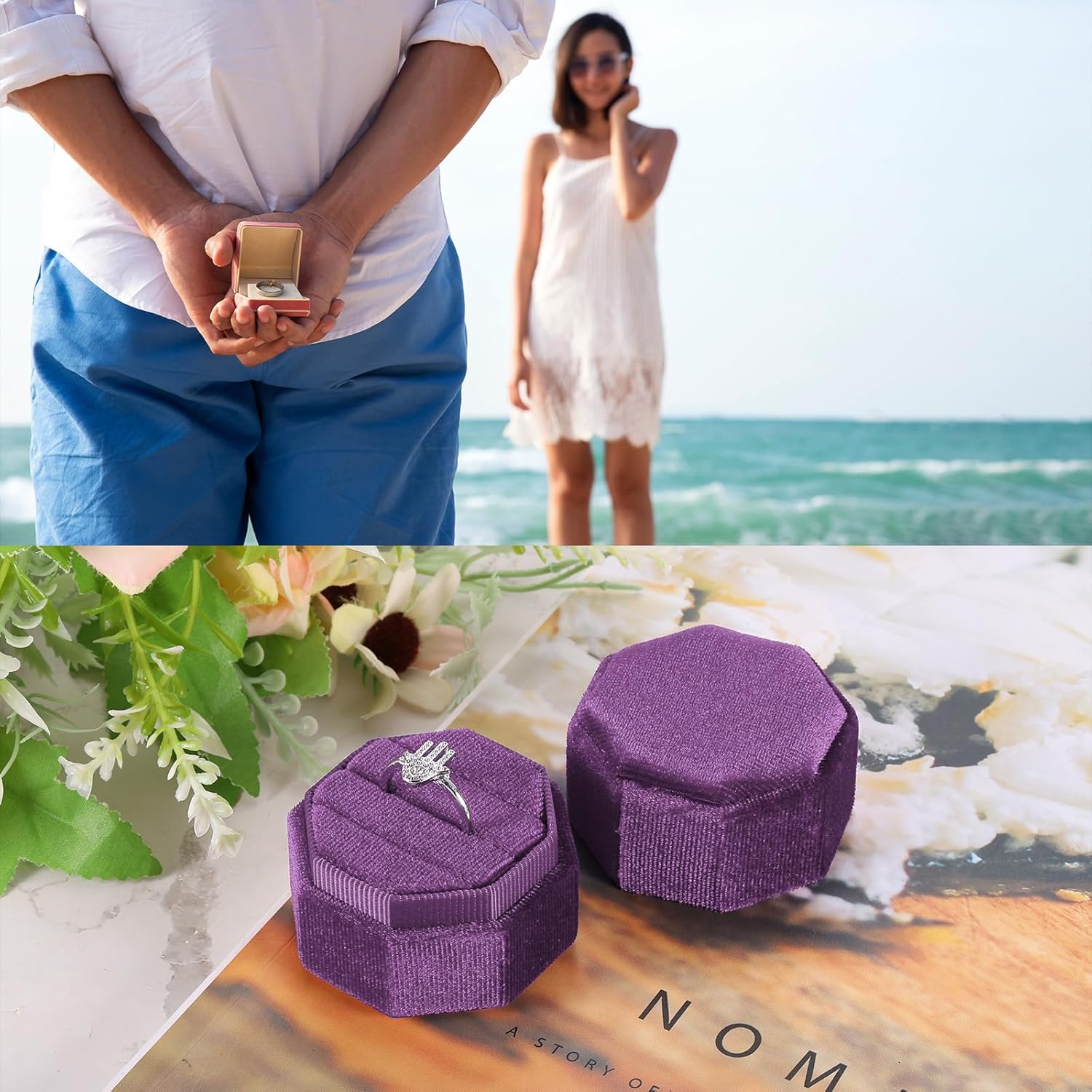 Velvet Ring Box, 3 Slot Octagon Wedding Ring Display Holder Box Jewelry Ring Gift Box for Wedding Ceremony Proposal Engagement (Deep Purple) - Image 5