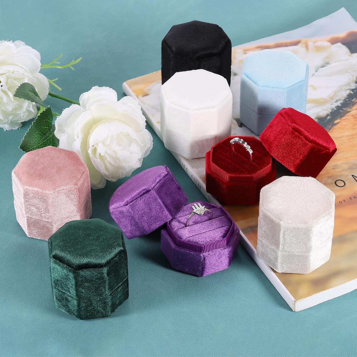 Velvet Ring Box, 3 Slot Octagon Wedding Ring Display Holder Box Jewelry Ring Gift Box for Wedding Ceremony Proposal Engagement (Deep Purple) - Image 6