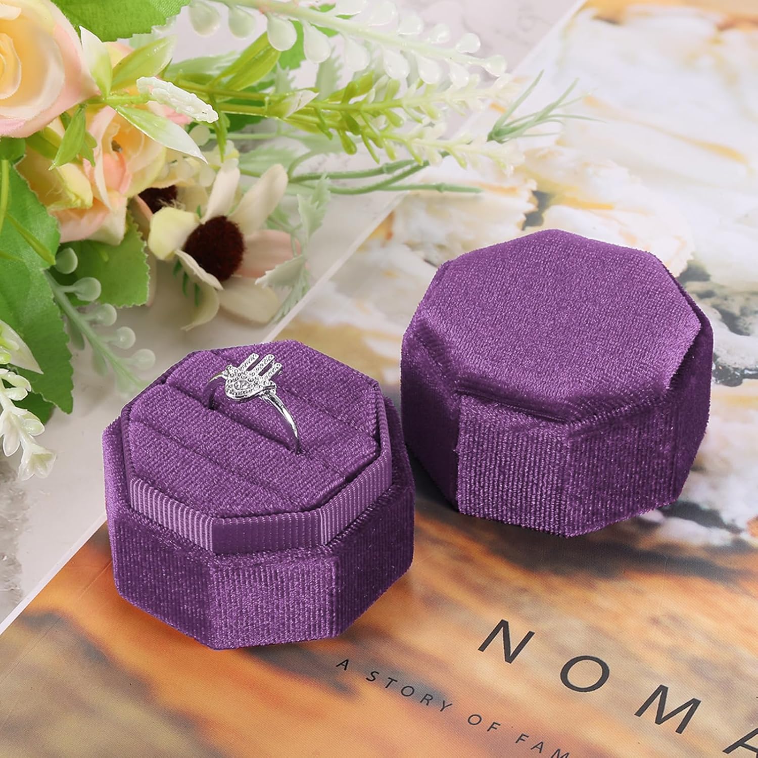 Velvet Ring Box, 3 Slot Octagon Wedding Ring Display Holder Box Jewelry Ring Gift Box for Wedding Ceremony Proposal Engagement (Deep Purple) - Image 7