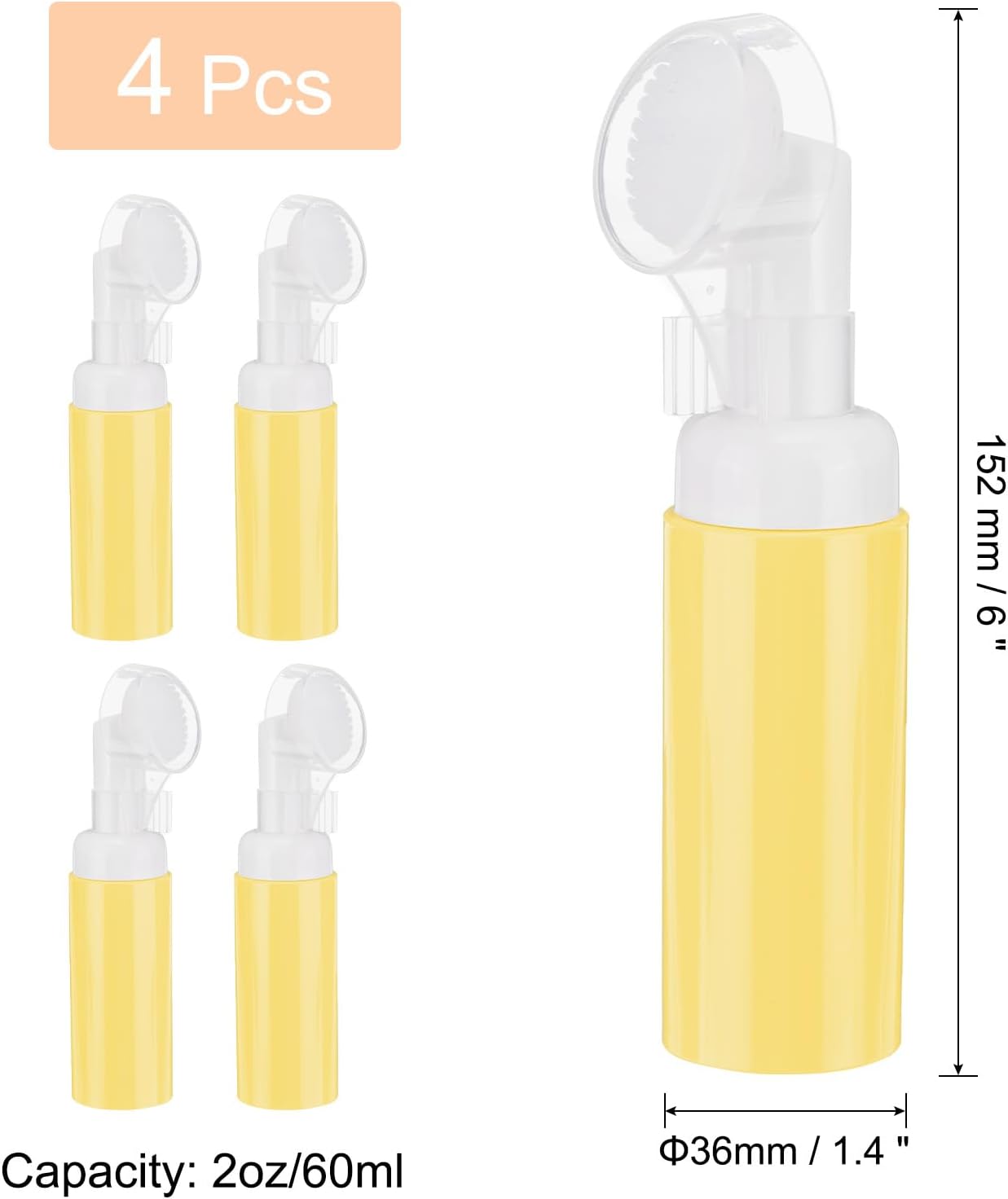 4Pcs Empty Foaming Soap Dispenser, 2oz / 60ml Facial Cleanser Foam Bottle with Brush for Hand Soap, Shampoo, Shower Gel, Yellow - Image 2