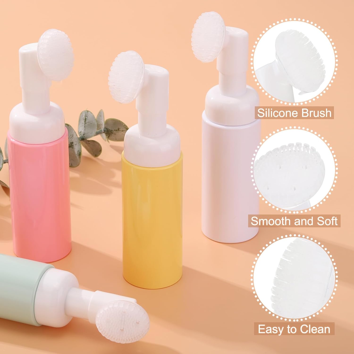 4Pcs Empty Foaming Soap Dispenser, 2oz / 60ml Facial Cleanser Foam Bottle with Brush for Hand Soap, Shampoo, Shower Gel, Yellow - Image 3