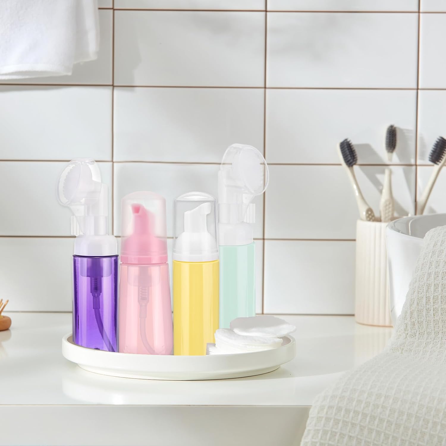 4Pcs Empty Foaming Soap Dispenser, 2oz / 60ml Facial Cleanser Foam Bottle with Brush for Hand Soap, Shampoo, Shower Gel, Yellow - Image 6