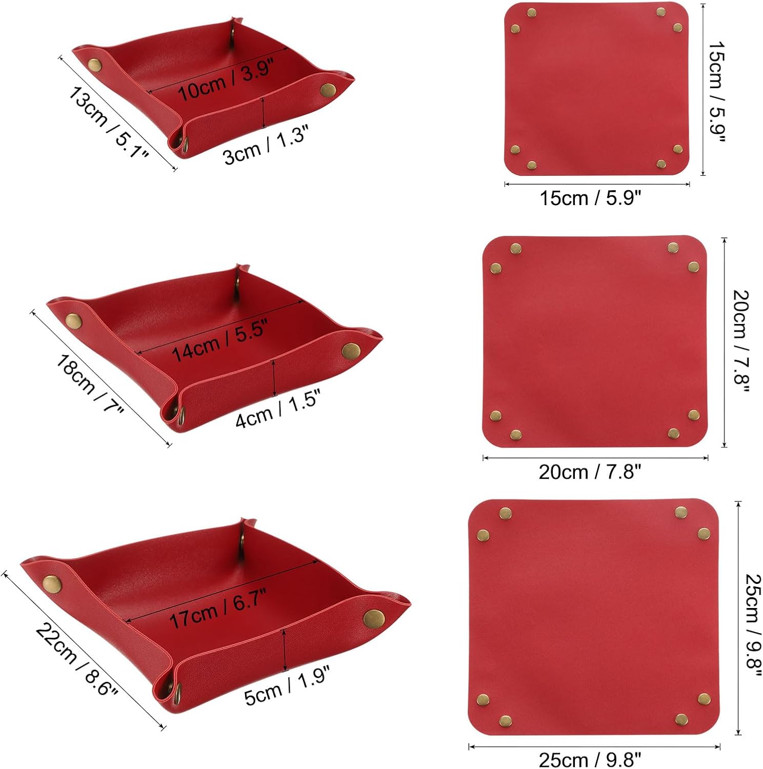 3 Pack PU Leather Tray, Jewelry Tray for Women and Men, Glossy Leather Desk Organizer Portable Catchall Tray for Jewelry Key Coin Watch Wallet, Red - Image 2