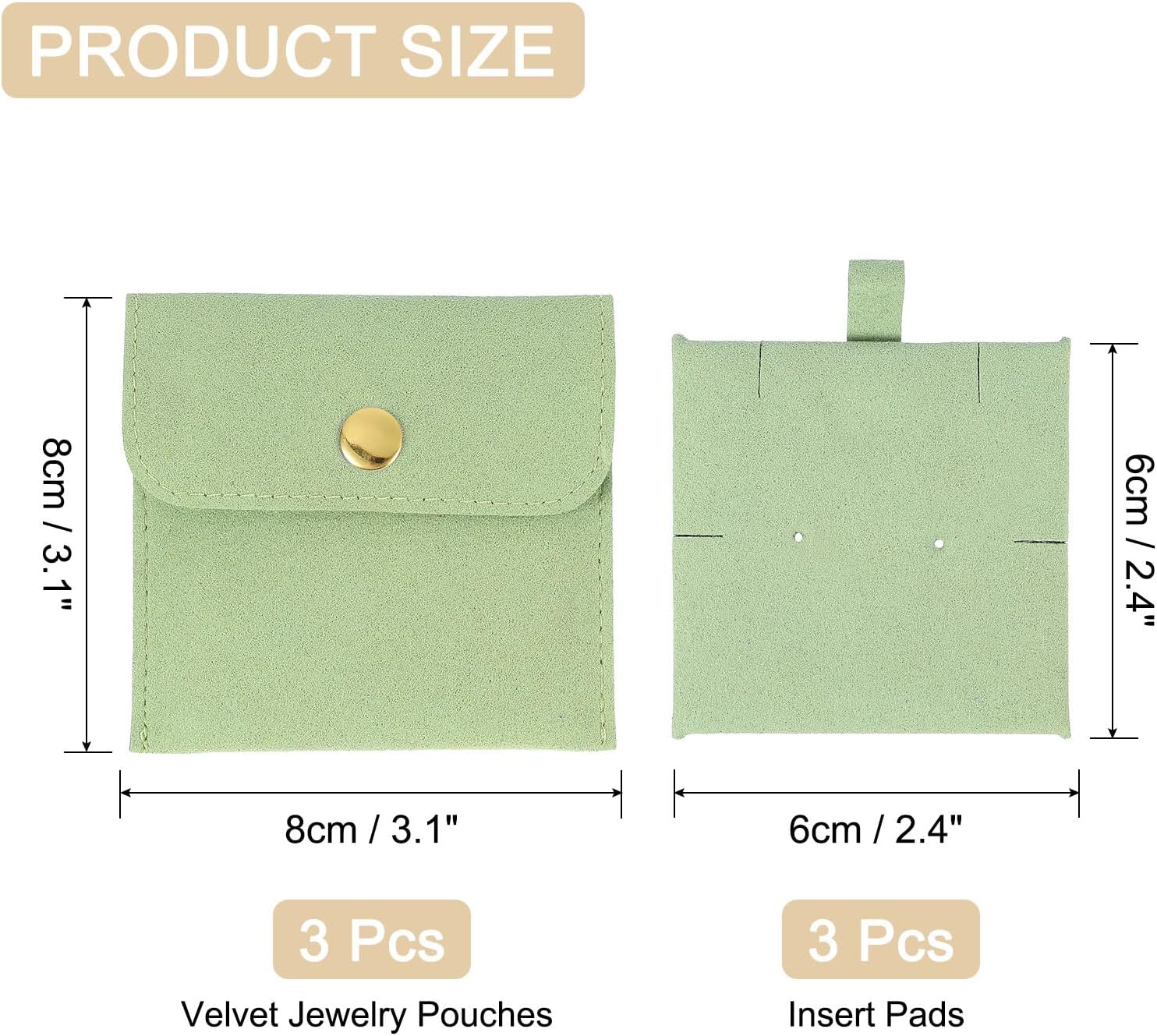 3 Pcs Microfiber Jewelry Pouches with Insert Pad, 8 x 8cm Snap Button Jewelry Velvet Gift Bags Organizer for Rings Necklace Bracelet, Light Green - Image 2