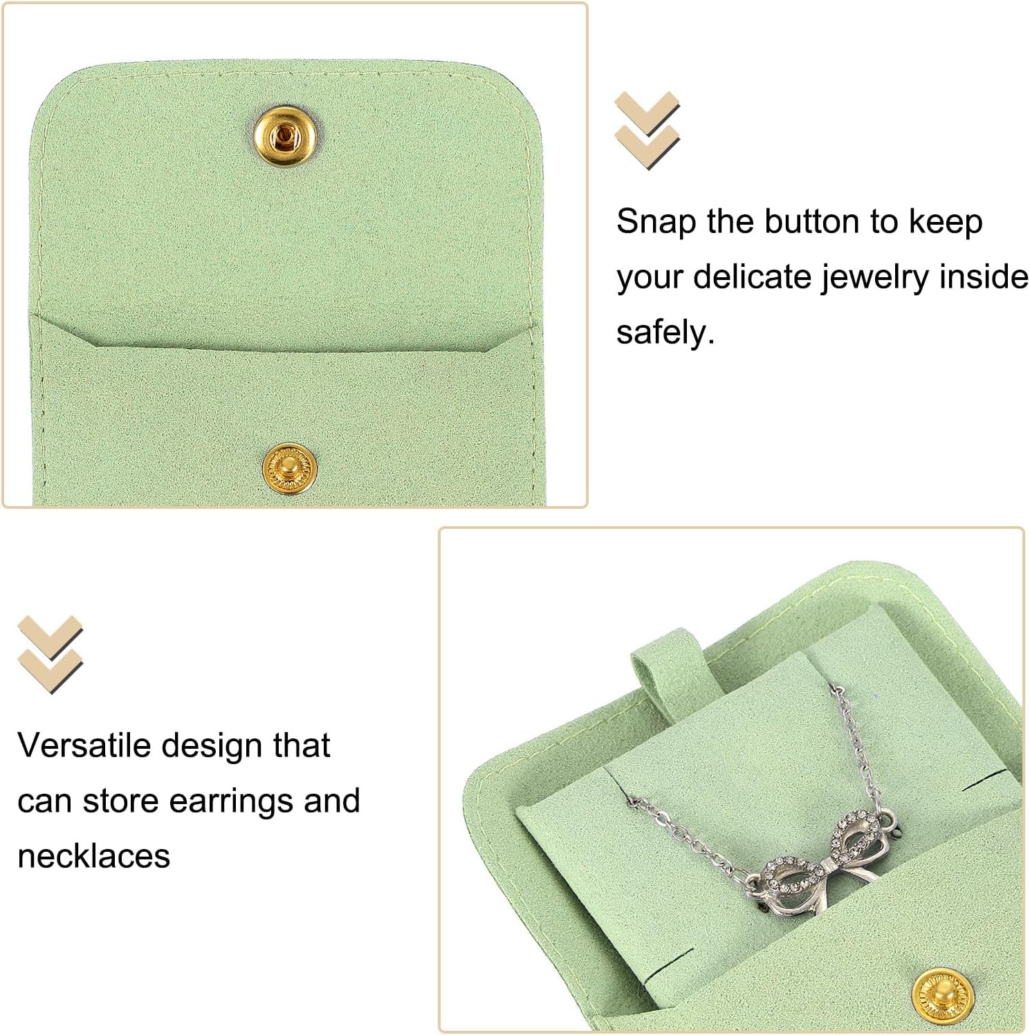 3 Pcs Microfiber Jewelry Pouches with Insert Pad, 8 x 8cm Snap Button Jewelry Velvet Gift Bags Organizer for Rings Necklace Bracelet, Light Green - Image 4