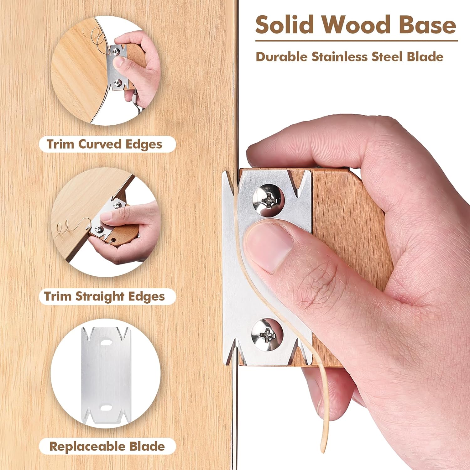 Edge Banding Trimmer, Upgraded Veneer Edge Trimmer with Wooden Handle and 3 Replacement Blades, Edge Band Cutter Tool for Woodworking, Veneer, PVC, Laminate, Plywood, Melamine - Image 3