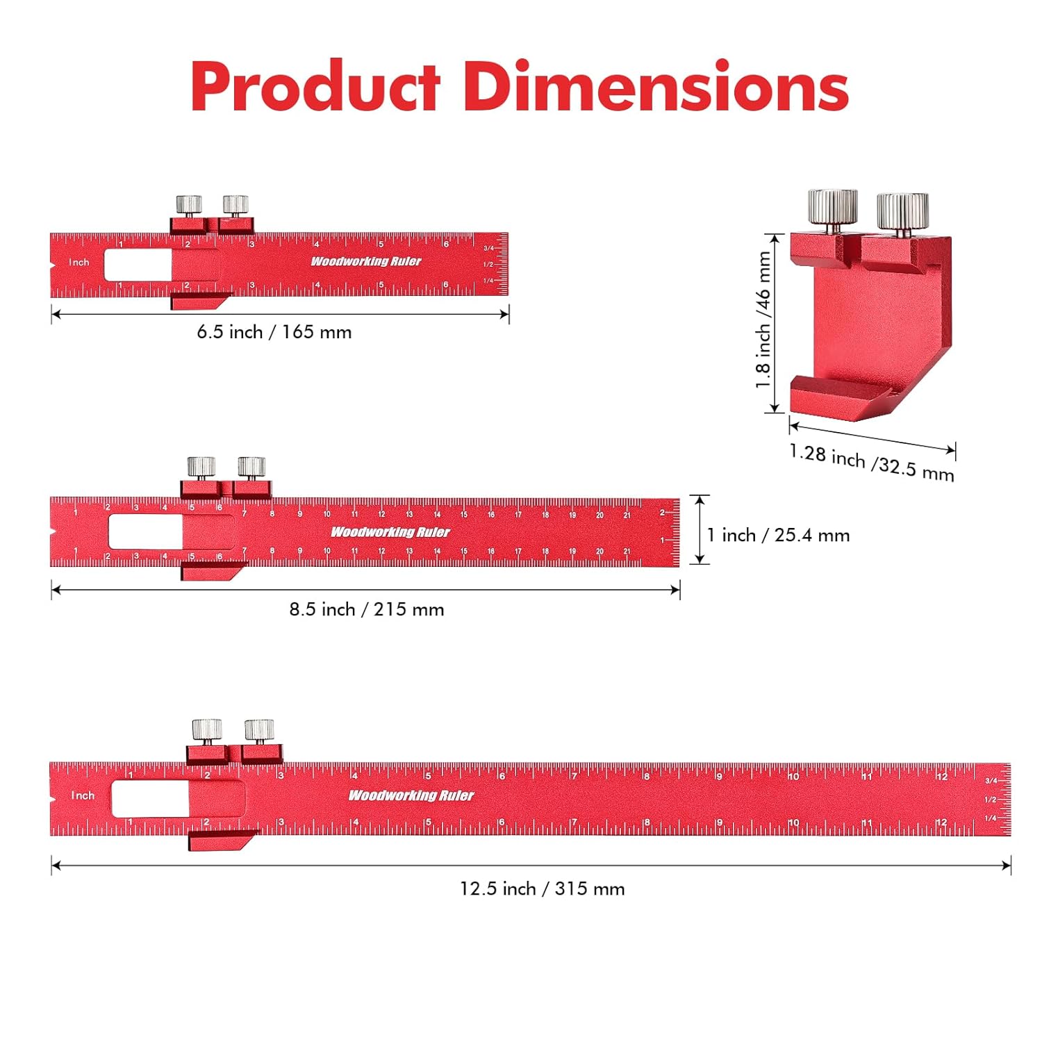 3PCS Woodworking Ruler Set, Precision Pocket Ruler with Adjustable Slide Stop, Aluminum Alloy Measuring Tool for Marking & Scribing, Metal T-Track Square Rulers, Inch and Metric (6