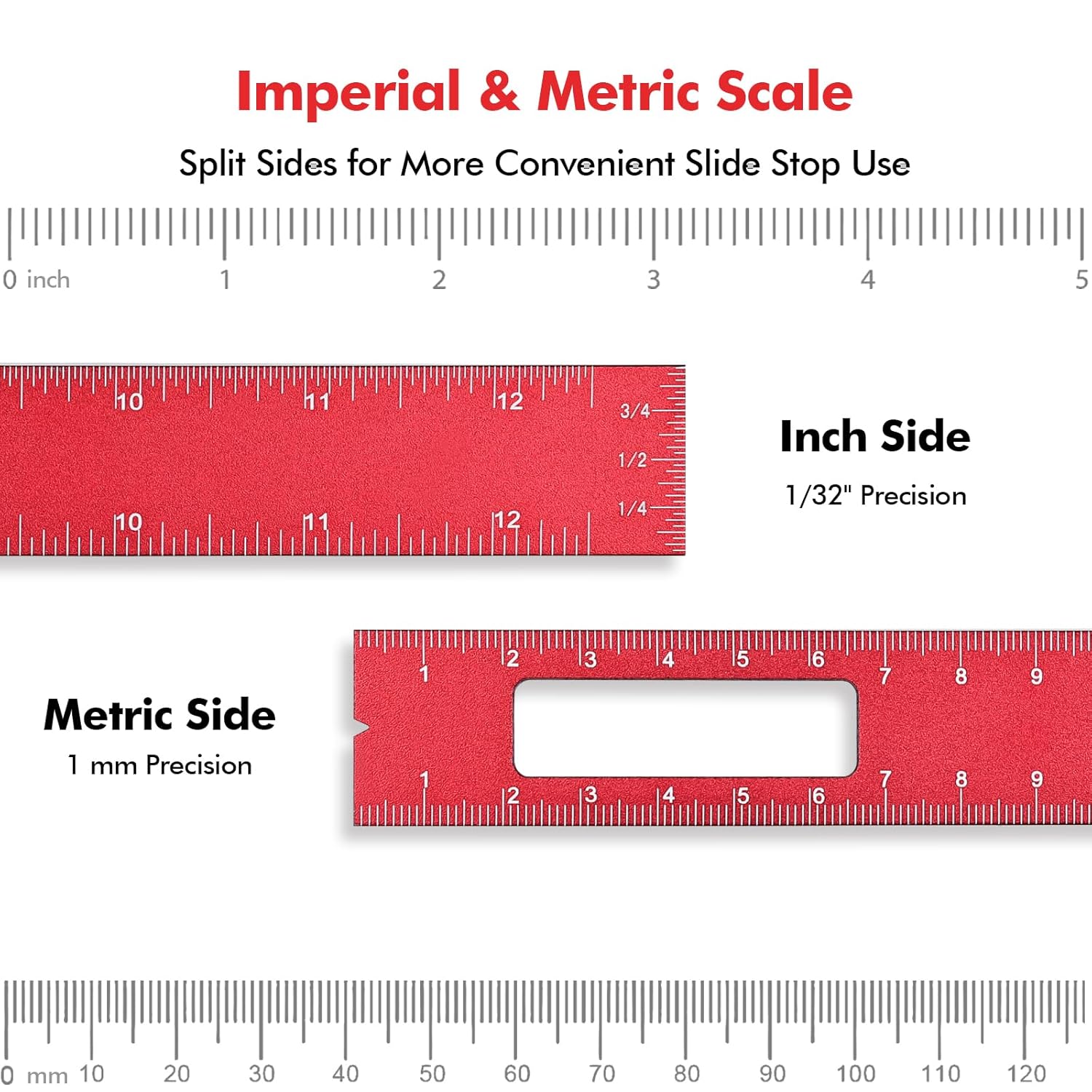 3PCS Woodworking Ruler Set, Precision Pocket Ruler with Adjustable Slide Stop, Aluminum Alloy Measuring Tool for Marking & Scribing, Metal T-Track Square Rulers, Inch and Metric (6