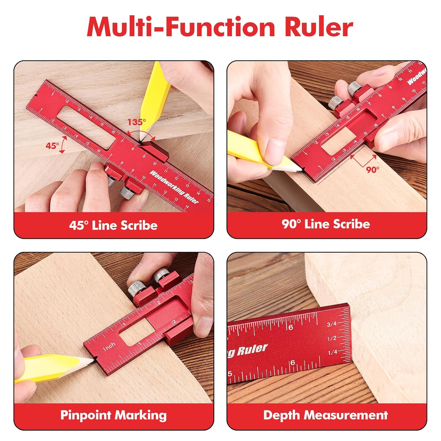 3PCS Woodworking Ruler Set, Precision Pocket Ruler with Adjustable Slide Stop, Aluminum Alloy Measuring Tool for Marking & Scribing, Metal T-Track Square Rulers, Inch and Metric (6