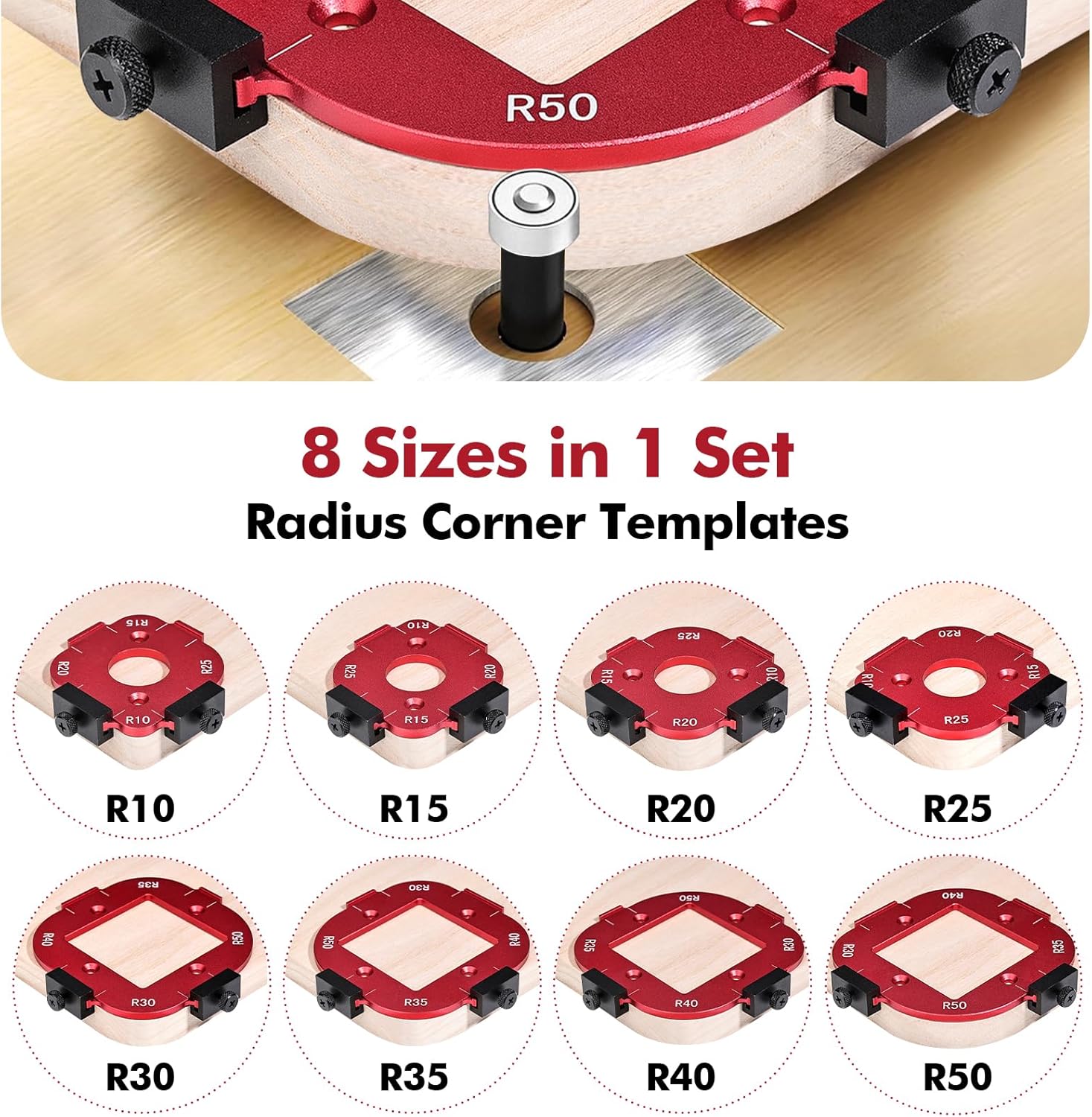 2 Pack Router Corner Radius Template, Premium Aluminum Alloy Router Corner Rounding Jig for Woodworking, 8-in-1 Arc Cutting Guide Set (R10-R50), Fits Trim, Handheld, and Table Routers - Image 2