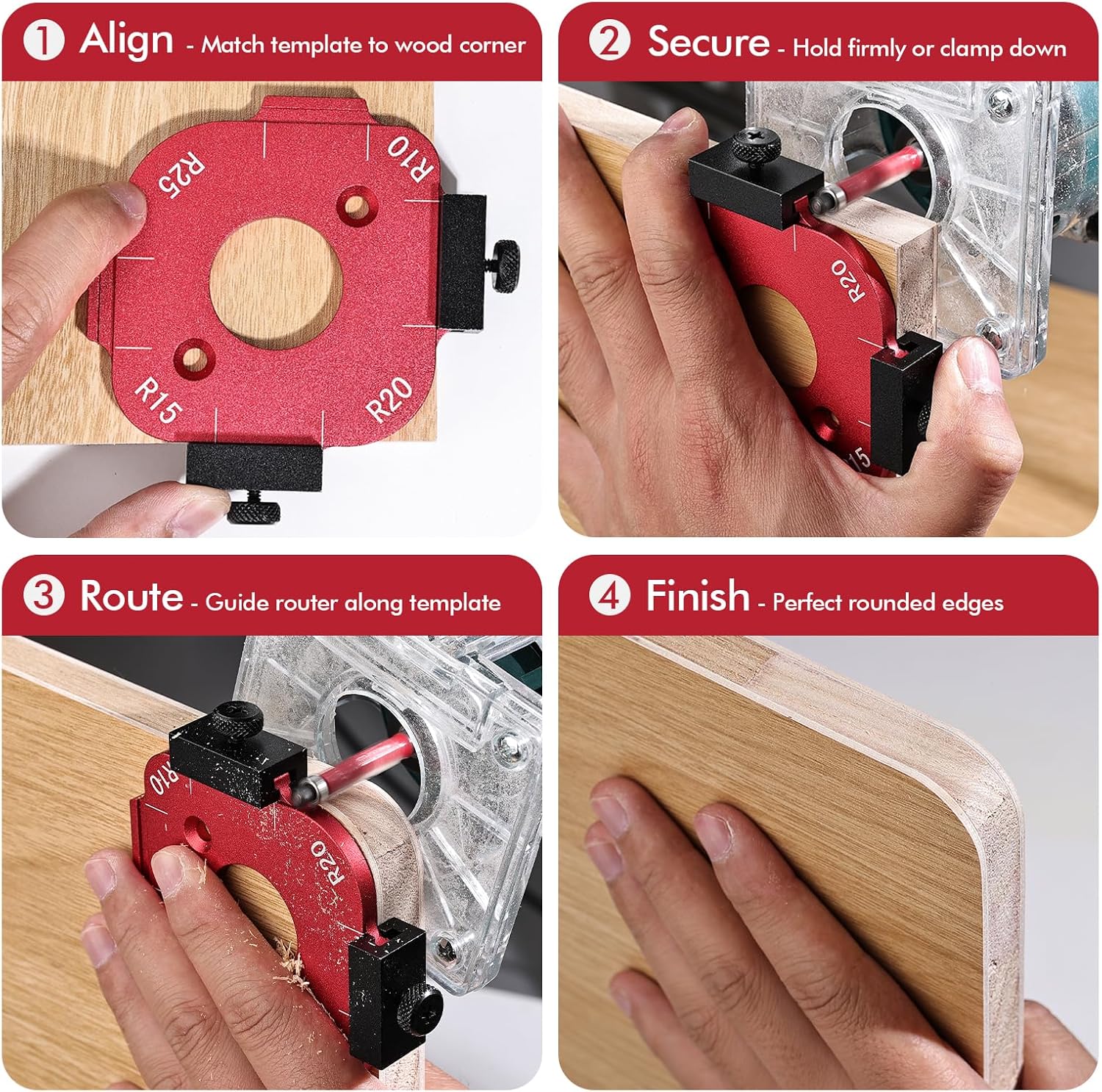 2 Pack Router Corner Radius Template, Premium Aluminum Alloy Router Corner Rounding Jig for Woodworking, 8-in-1 Arc Cutting Guide Set (R10-R50), Fits Trim, Handheld, and Table Routers - Image 6