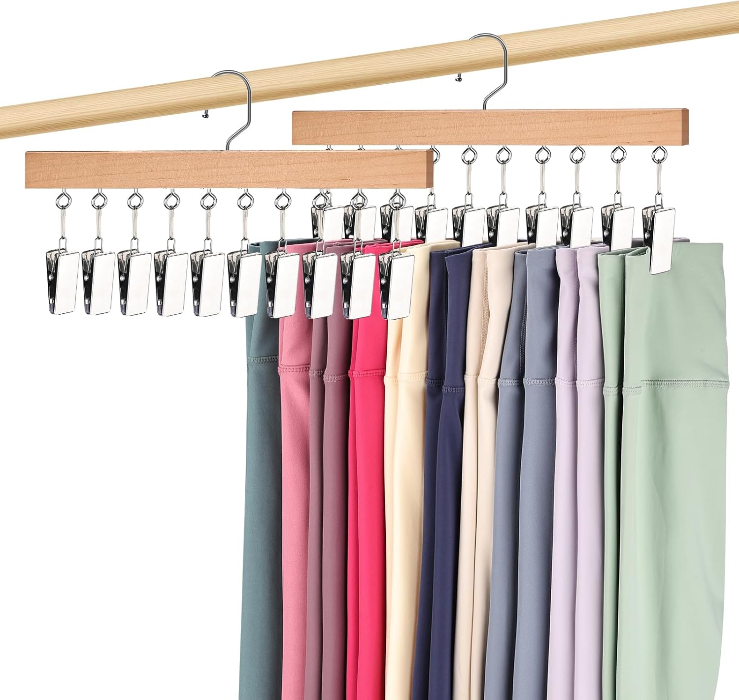 2 Pack Legging Hangers for Closet, Wooden Legging Hanger for Closet Organizer with 20 Upgraded Clips Holds 20 Leggings, 360° Rotatable Space Saving Yoga Pants Hanger for Socks, Shorts, Natural - Image 1