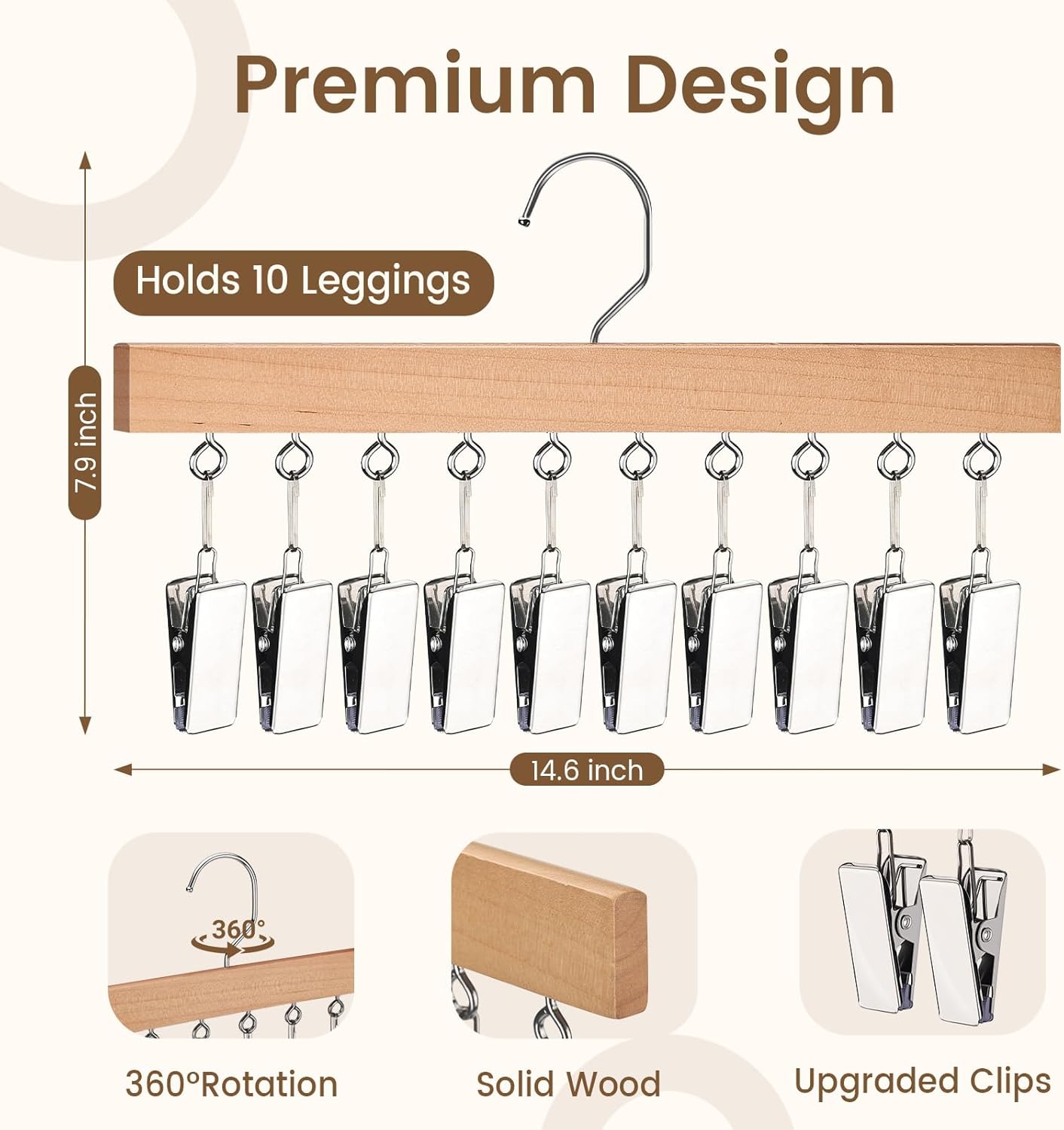 2 Pack Legging Hangers for Closet, Wooden Legging Hanger for Closet Organizer with 20 Upgraded Clips Holds 20 Leggings, 360° Rotatable Space Saving Yoga Pants Hanger for Socks, Shorts, Natural - Image 3