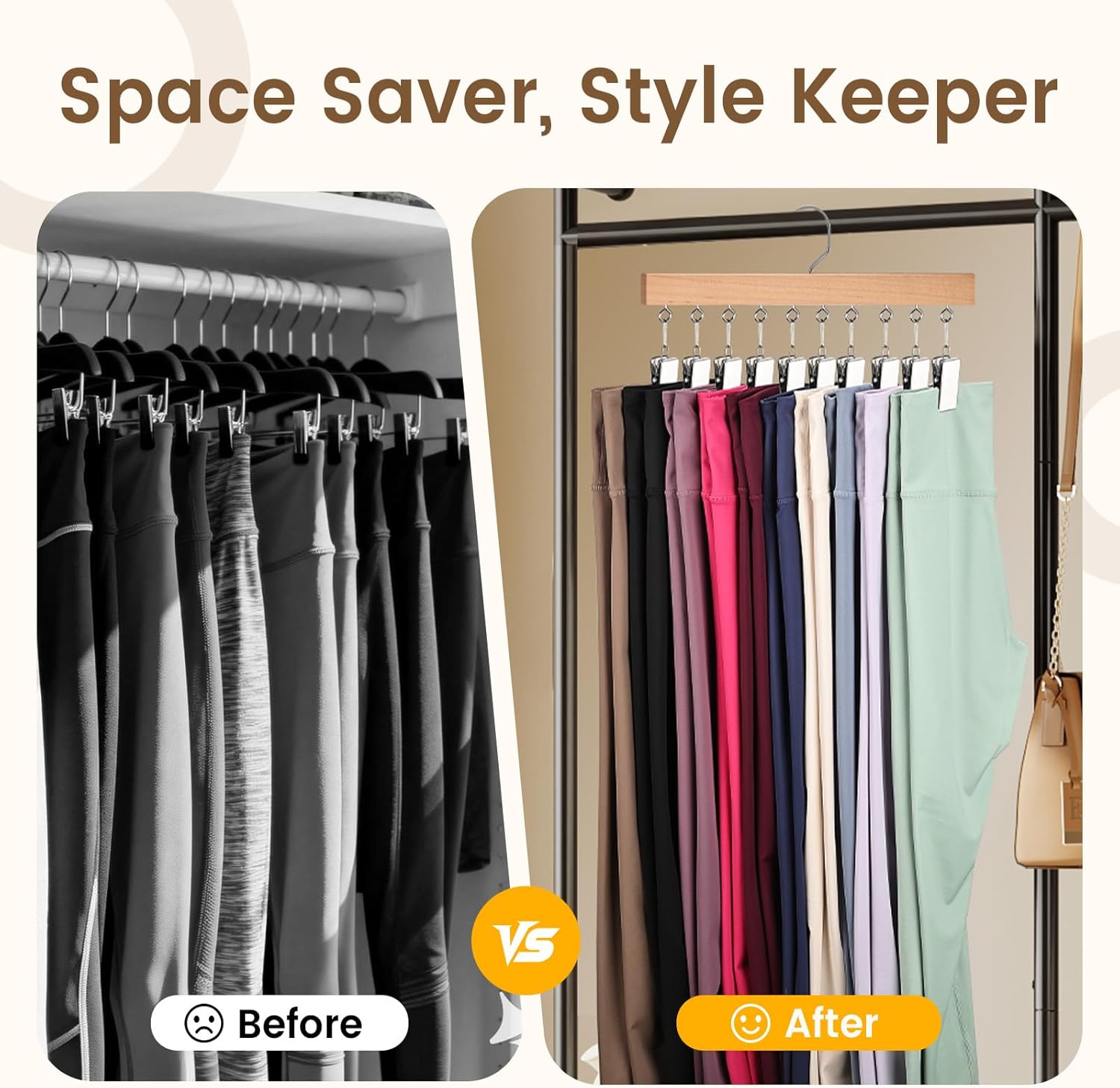 2 Pack Legging Hangers for Closet, Wooden Legging Hanger for Closet Organizer with 20 Upgraded Clips Holds 20 Leggings, 360° Rotatable Space Saving Yoga Pants Hanger for Socks, Shorts, Natural - Image 4