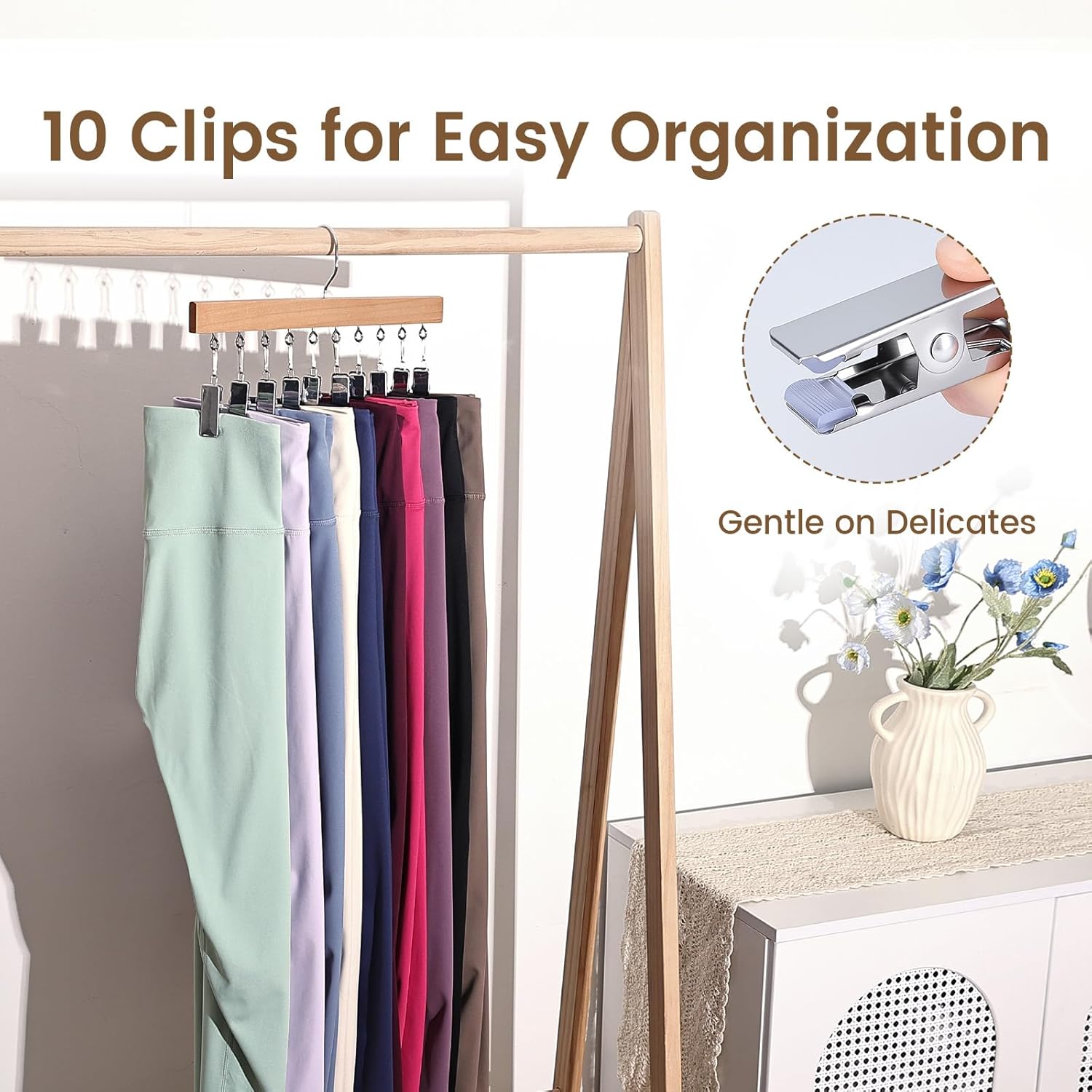2 Pack Legging Hangers for Closet, Wooden Legging Hanger for Closet Organizer with 20 Upgraded Clips Holds 20 Leggings, 360° Rotatable Space Saving Yoga Pants Hanger for Socks, Shorts, Natural - Image 5
