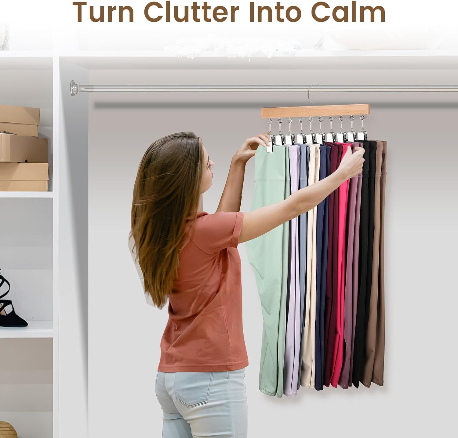 2 Pack Legging Hangers for Closet, Wooden Legging Hanger for Closet Organizer with 20 Upgraded Clips Holds 20 Leggings, 360° Rotatable Space Saving Yoga Pants Hanger for Socks, Shorts, Natural - Image 7