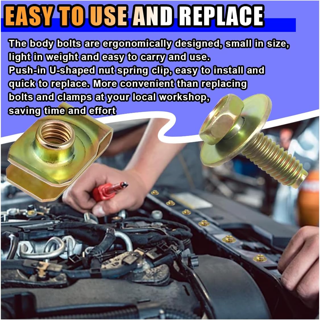 40PCS Car Body Bolts M6-1.0 & Extruded U-Nuts Clips Kit, Bumper Fenders Liner Push Retainer Fastener Kit for Engine Under Cover Undertray, Universal Splash Shield Guard Bolts Clips for Most Cars - Image 5