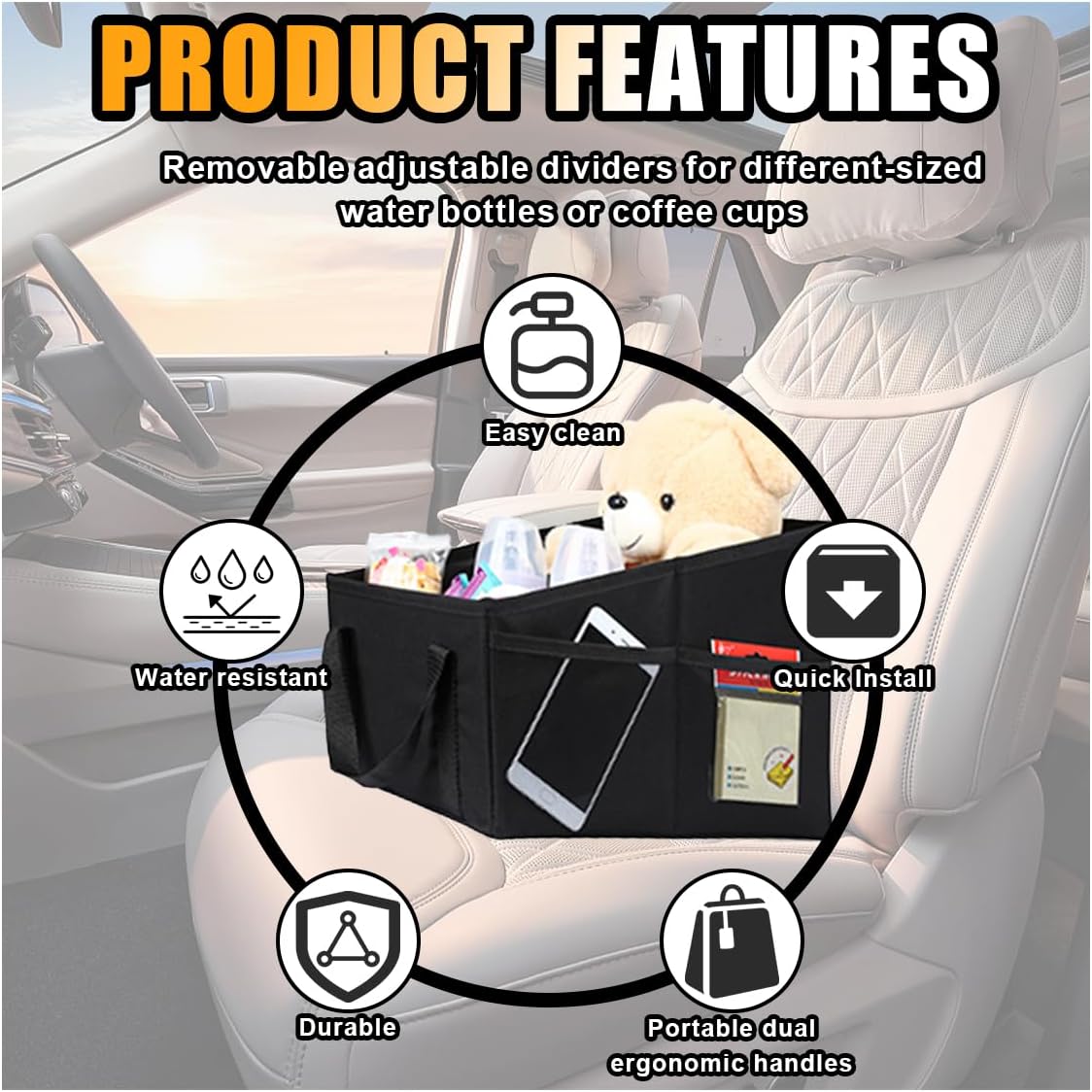 Car Seat Organizer, Foldable Car Storage Organizer with 4 Cup Holders, Rear & Front Seat Storage Bags, Black - Image 4