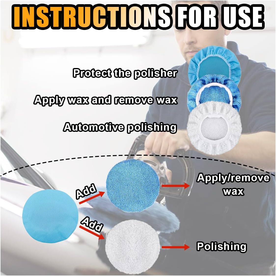20PCS Car Polisher Pad Bonnets, 7 to 8 Inch Car Orbital Buffer Polisher Pad Bonnet, 12*Microfiber Bonnets, 4*Non-Woven Buffing Bonnet + 2*Woollen - Image 5