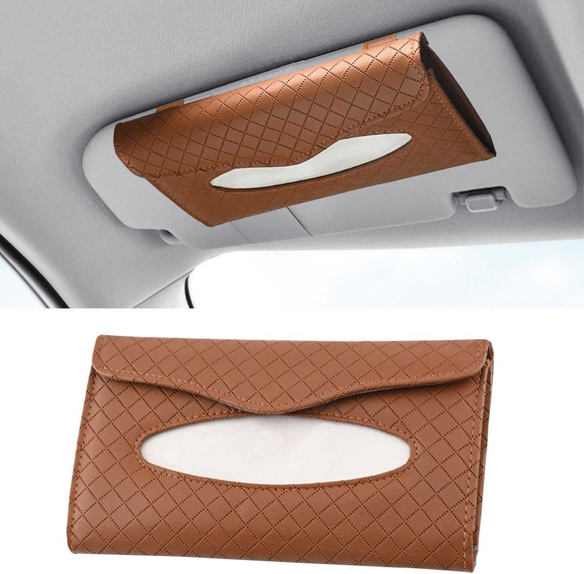 Car Tissue Holder, PU Leather Auto Napkin Holder for Visor & Backseat, Automotive Mask Organizer Case to Keep Vehicle Tidy, Universal Interior Accessories for Sedan Truck SUV (Brown) - Image 1