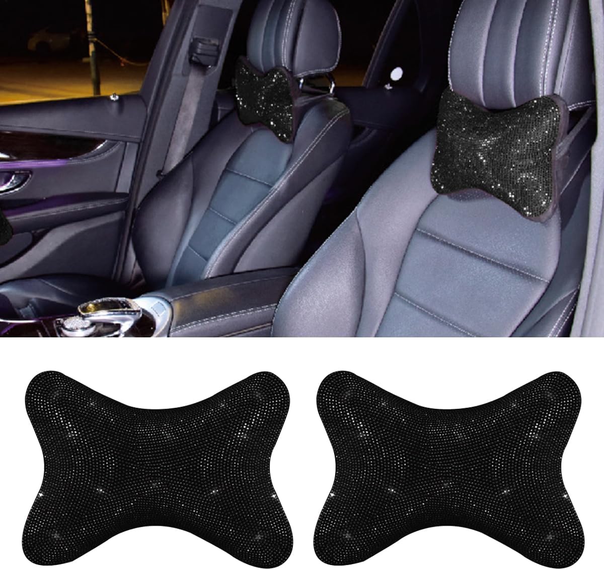 2PCS Car Neck Pillow for Driving Seat, Bling Crystal Rhinestone Diamond Comfortable Headrest Cushion, Head Rest Neck Support Relax, Car Interior Accessories for Women Girly (Black) - Image 1