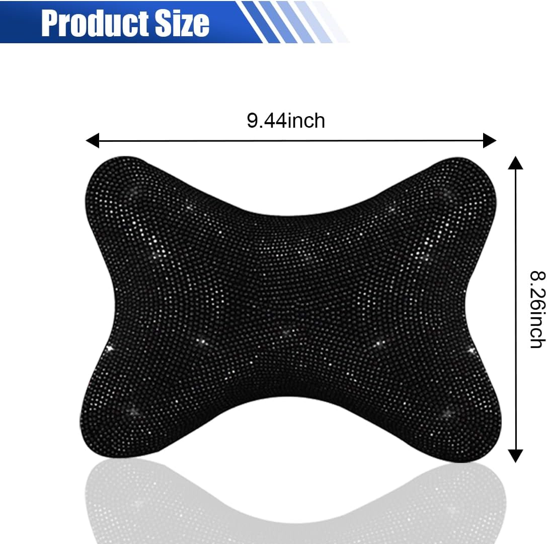 2PCS Car Neck Pillow for Driving Seat, Bling Crystal Rhinestone Diamond Comfortable Headrest Cushion, Head Rest Neck Support Relax, Car Interior Accessories for Women Girly (Black) - Image 2