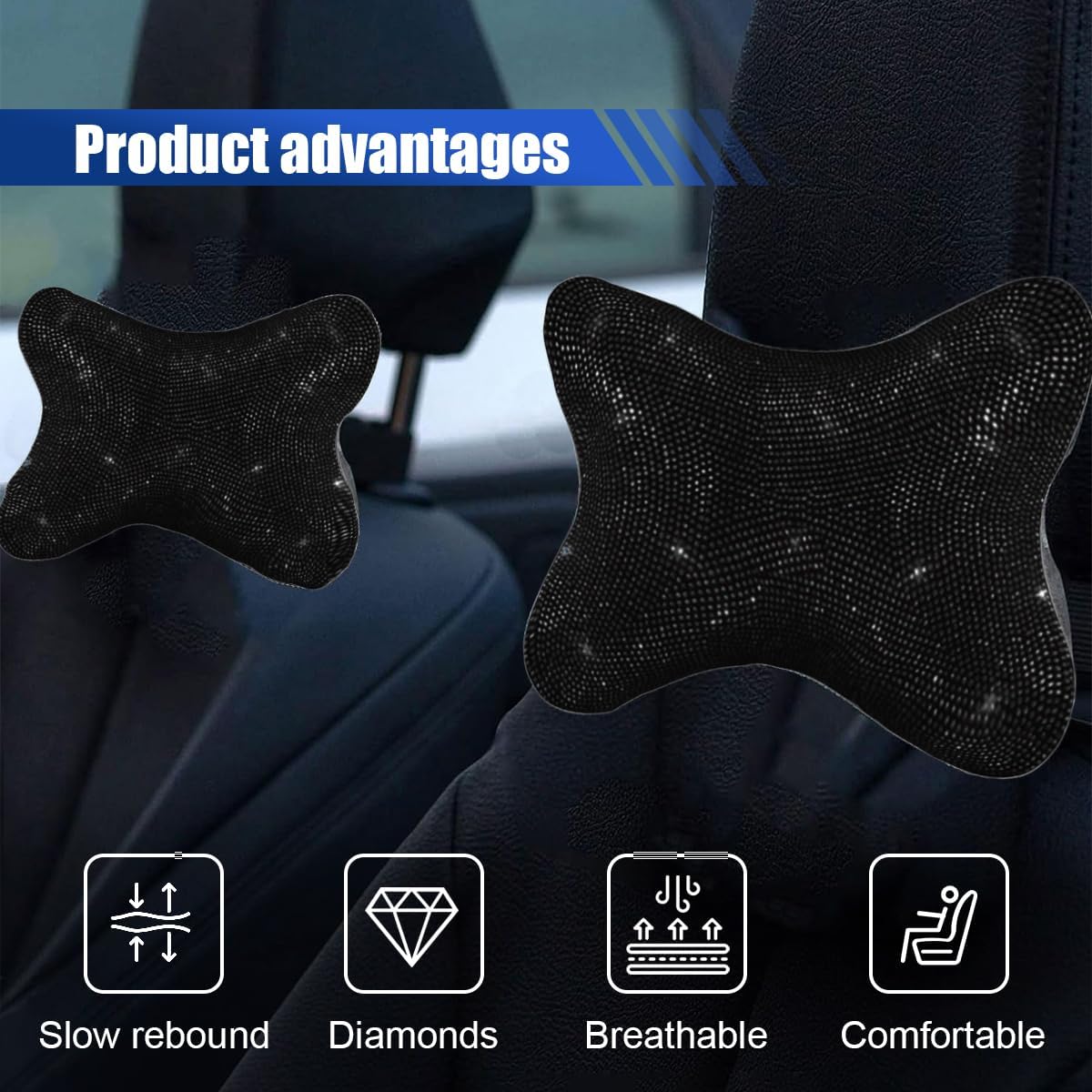 2PCS Car Neck Pillow for Driving Seat, Bling Crystal Rhinestone Diamond Comfortable Headrest Cushion, Head Rest Neck Support Relax, Car Interior Accessories for Women Girly (Black) - Image 3