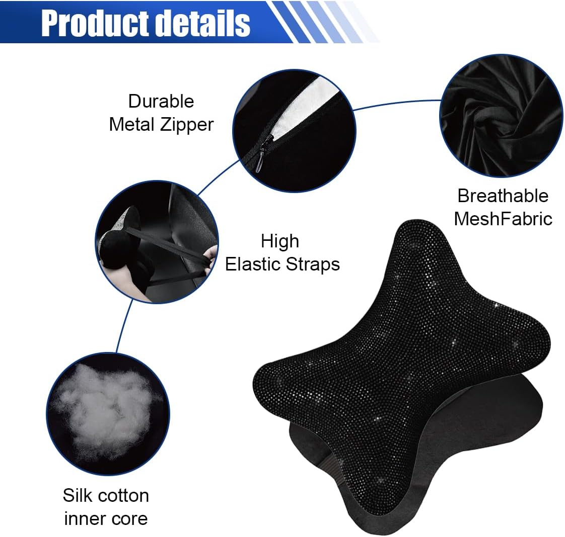 2PCS Car Neck Pillow for Driving Seat, Bling Crystal Rhinestone Diamond Comfortable Headrest Cushion, Head Rest Neck Support Relax, Car Interior Accessories for Women Girly (Black) - Image 4