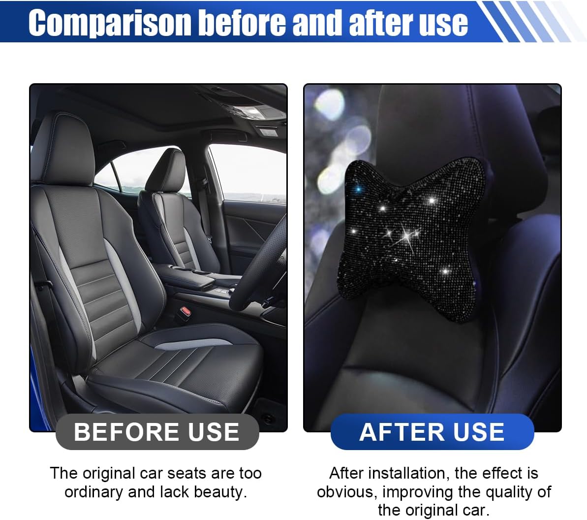 2PCS Car Neck Pillow for Driving Seat, Bling Crystal Rhinestone Diamond Comfortable Headrest Cushion, Head Rest Neck Support Relax, Car Interior Accessories for Women Girly (Black) - Image 5