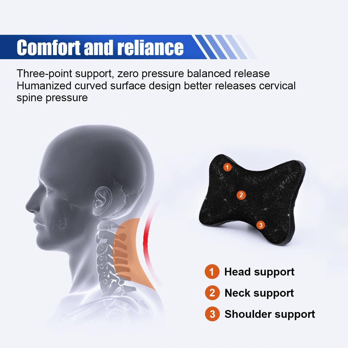 2PCS Car Neck Pillow for Driving Seat, Bling Crystal Rhinestone Diamond Comfortable Headrest Cushion, Head Rest Neck Support Relax, Car Interior Accessories for Women Girly (Black) - Image 6