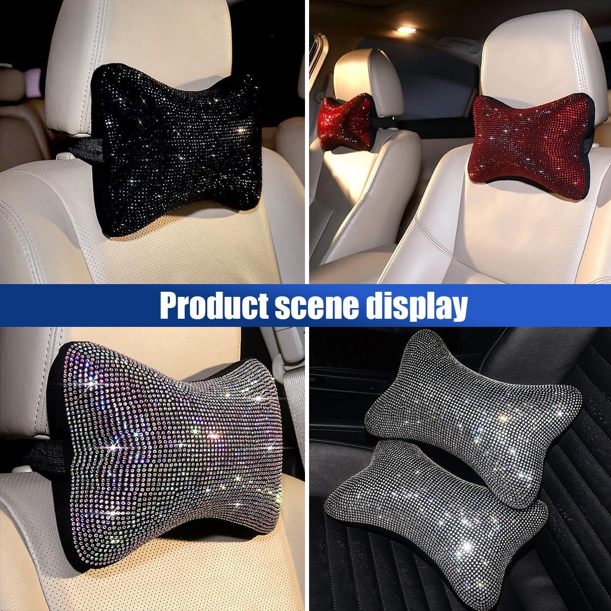 2PCS Car Neck Pillow for Driving Seat, Bling Crystal Rhinestone Diamond Comfortable Headrest Cushion, Head Rest Neck Support Relax, Car Interior Accessories for Women Girly (Black) - Image 7