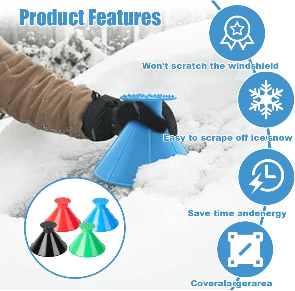 4PCS Magical Ice Scrapers for Car Windshield, Cone-Shaped Car Snow Remover with Funnel, Round Snow Scraper Car Snow Removal Shovel Tool, Frost Wipe Scraper Car Window Cleaner for Ice & Snow - Image 3