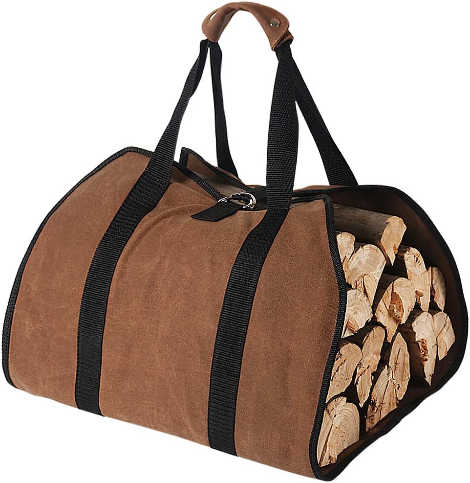 Firewood Carrier, 38in x 18in 16oz Waxed Canvas Log Carrier for Firewood, Wood Carrying Bag with Handles Securing Straps for Indoors Camping Trip, Gifts for Men Dad Husband (Brown) - Image 1