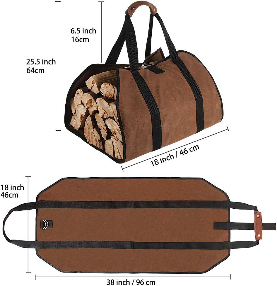 Firewood Carrier, 38in x 18in 16oz Waxed Canvas Log Carrier for Firewood, Wood Carrying Bag with Handles Securing Straps for Indoors Camping Trip, Gifts for Men Dad Husband (Brown) - Image 2