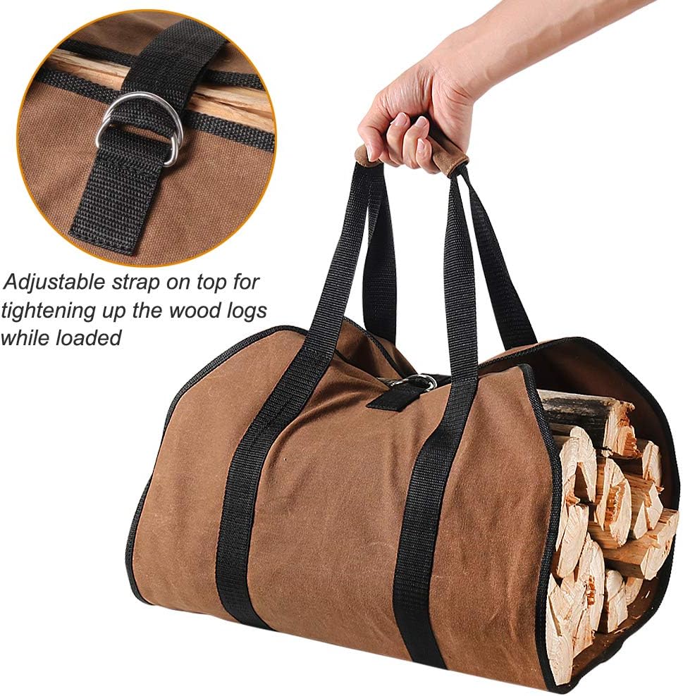 Firewood Carrier, 38in x 18in 16oz Waxed Canvas Log Carrier for Firewood, Wood Carrying Bag with Handles Securing Straps for Indoors Camping Trip, Gifts for Men Dad Husband (Brown) - Image 4